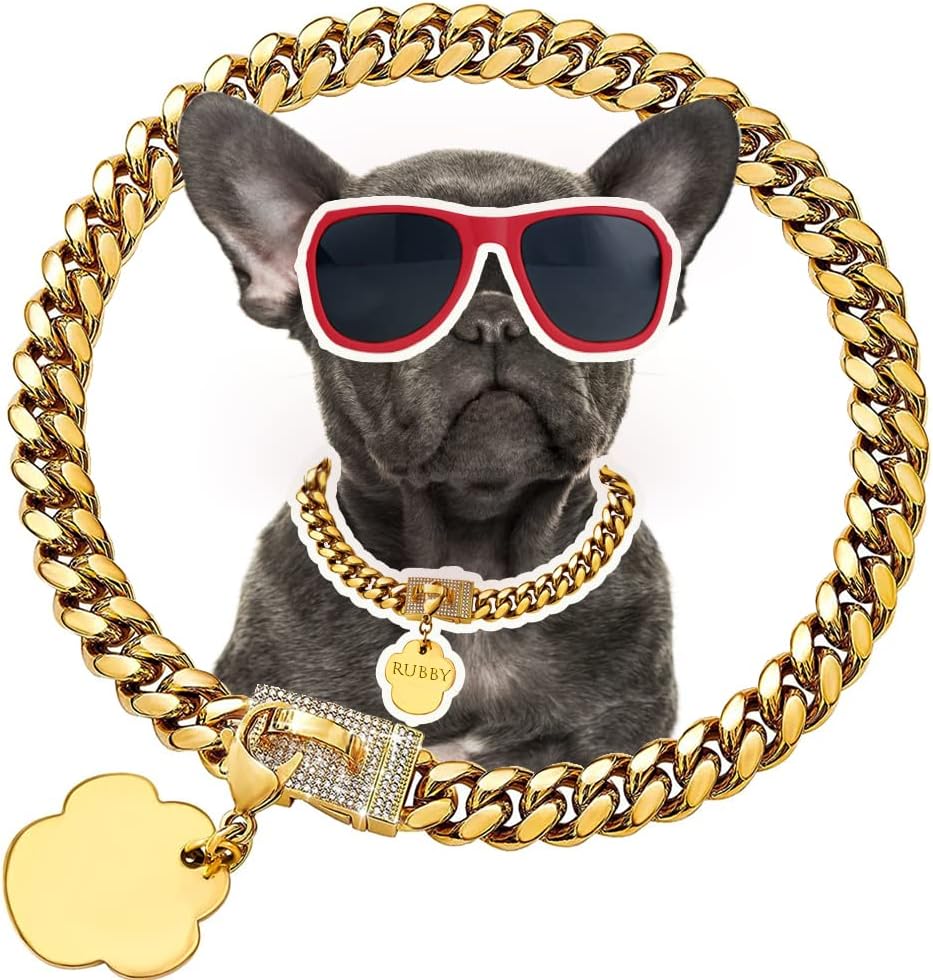 18K Gold Dog Chain Collar with Luxury Diamond Buckle, Strong Heavy Duty Metal Chain, 10mm Stainless Steel Fashion Dog Necklace, Chew…