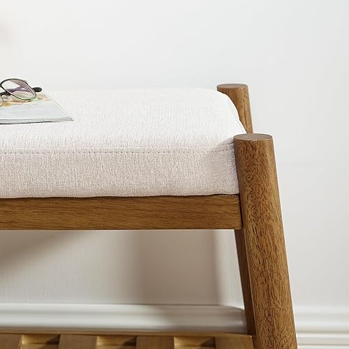 Miniatura 5 de Banco de almacenamiento para zapatos, estante de bambú para zapatos con asiento acolchado y compartimento organizador, banco tapizado para armario,