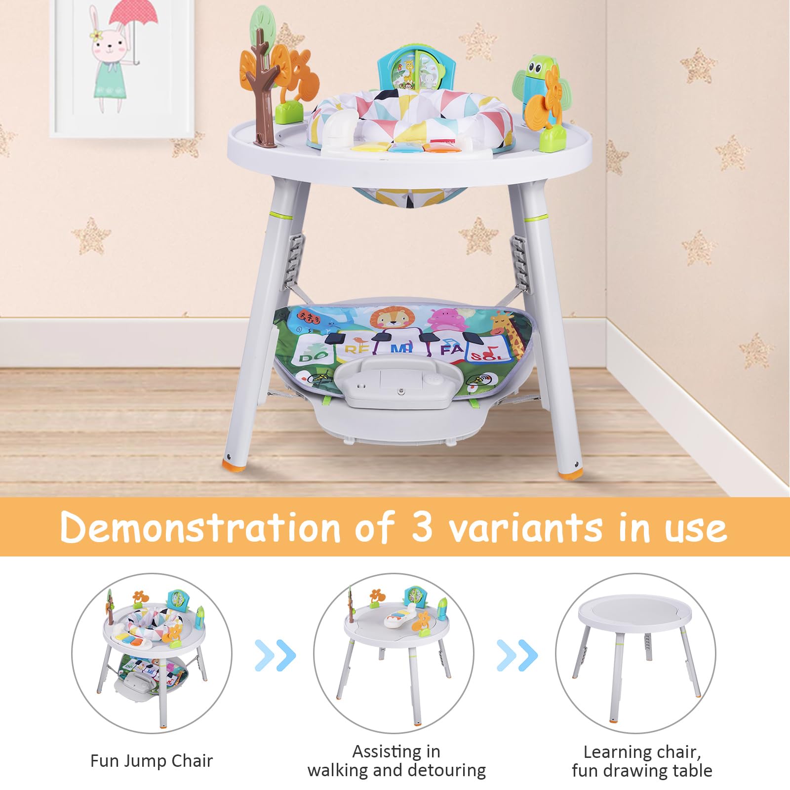 Centre d'activités pour bébé avec Hauteur réglable, siège pivotant 360°, Jeu interactif 6+ Mois