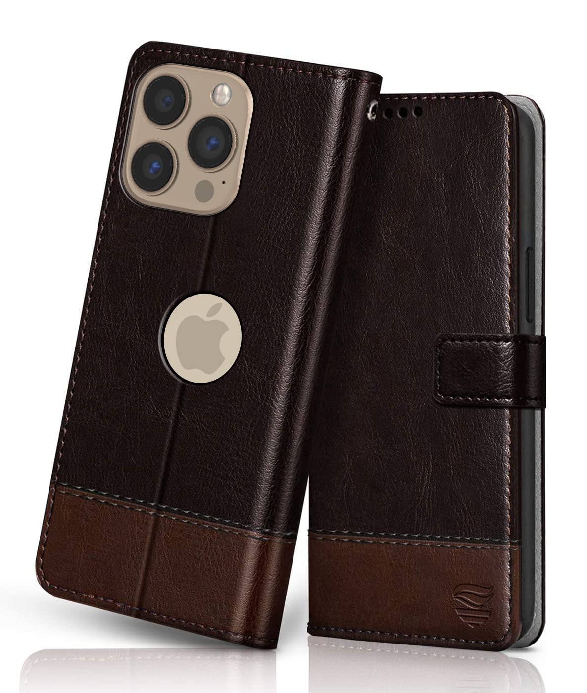 FLIPPED Vegan Leather Flip Case Back Cover for Apple iPhone 13 Pro Max (Flexible, Shock Proof | Hand Stitched Leather Finish | Card Pockets Wallet & Stand | Coffee with Brown)