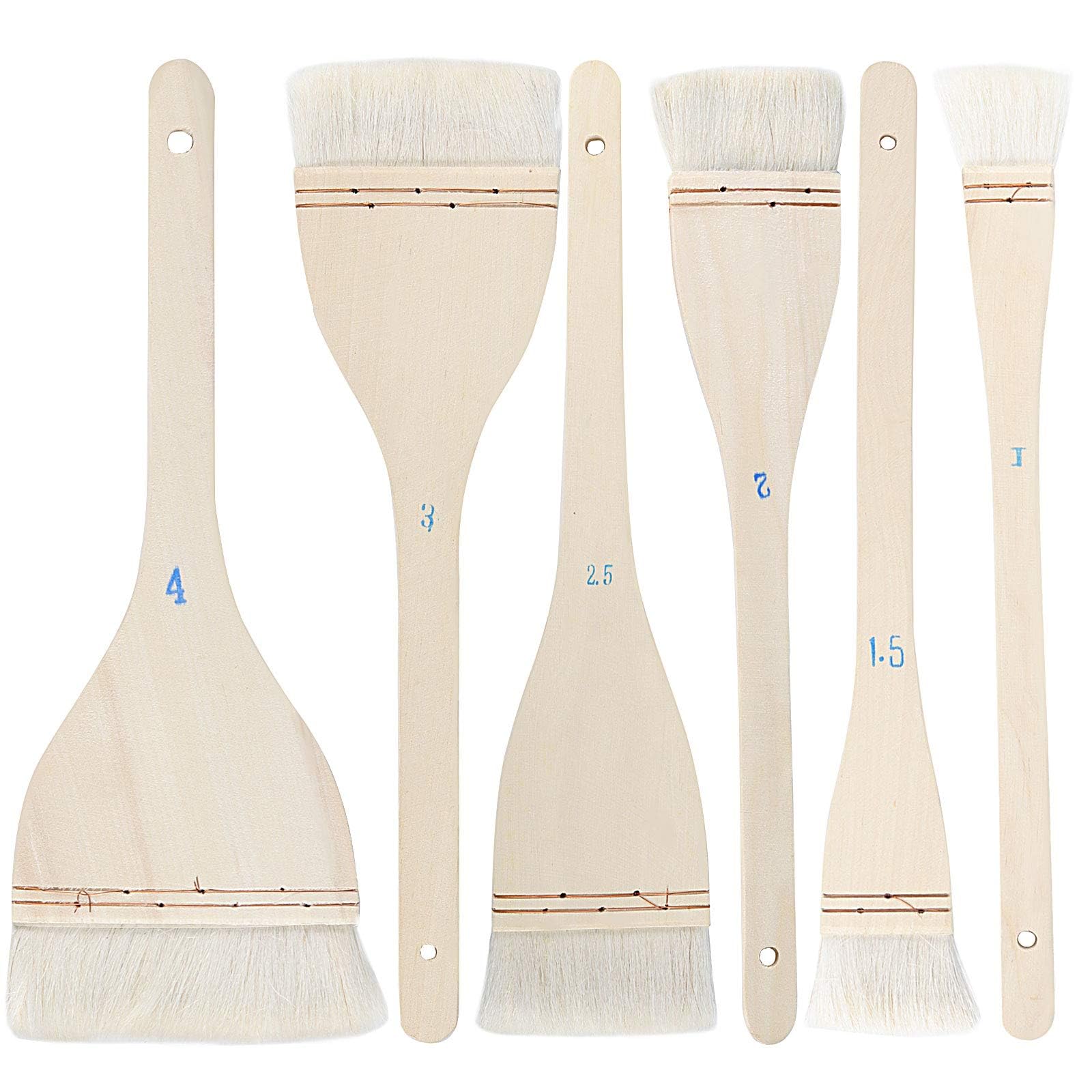 6 PCS 6 Size Flat Hake Brushes, Soft Goat Hair Brush and Hake Paint Brush with Solid Wooden Handle, Hake Brushes Set for Watercolor Pottery Painting Arts