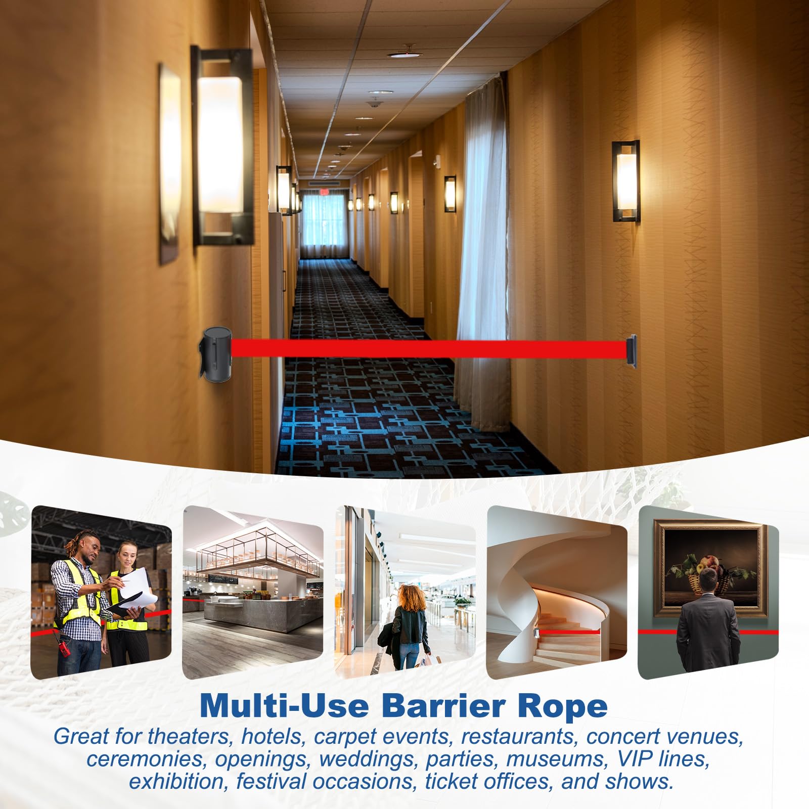 MECCANIXITY Barrera retráctil de montaje en pared fija, cinturones retráctiles fijos de control de multitudes de 10 pies para colas, tiendas minoristas, estadios, cinturón marrón con funda de ABS