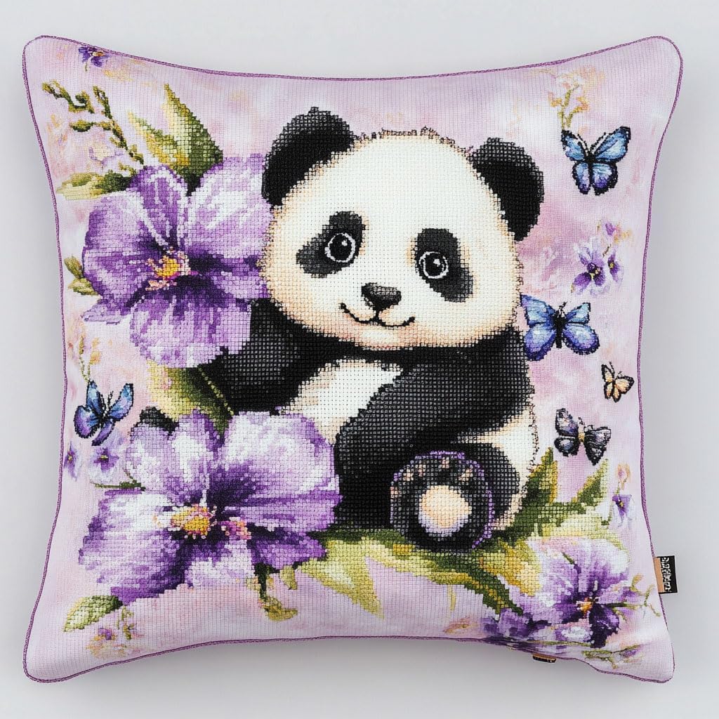 Stamped Cross Stitch Pillow Kits, Cartoon Panda 11CT Cross Stitch Cushion Cover Embroidery Kit Pillow Cases Counted Needlepoint Handmade Cushion Cover for Home Decor 18x18inch