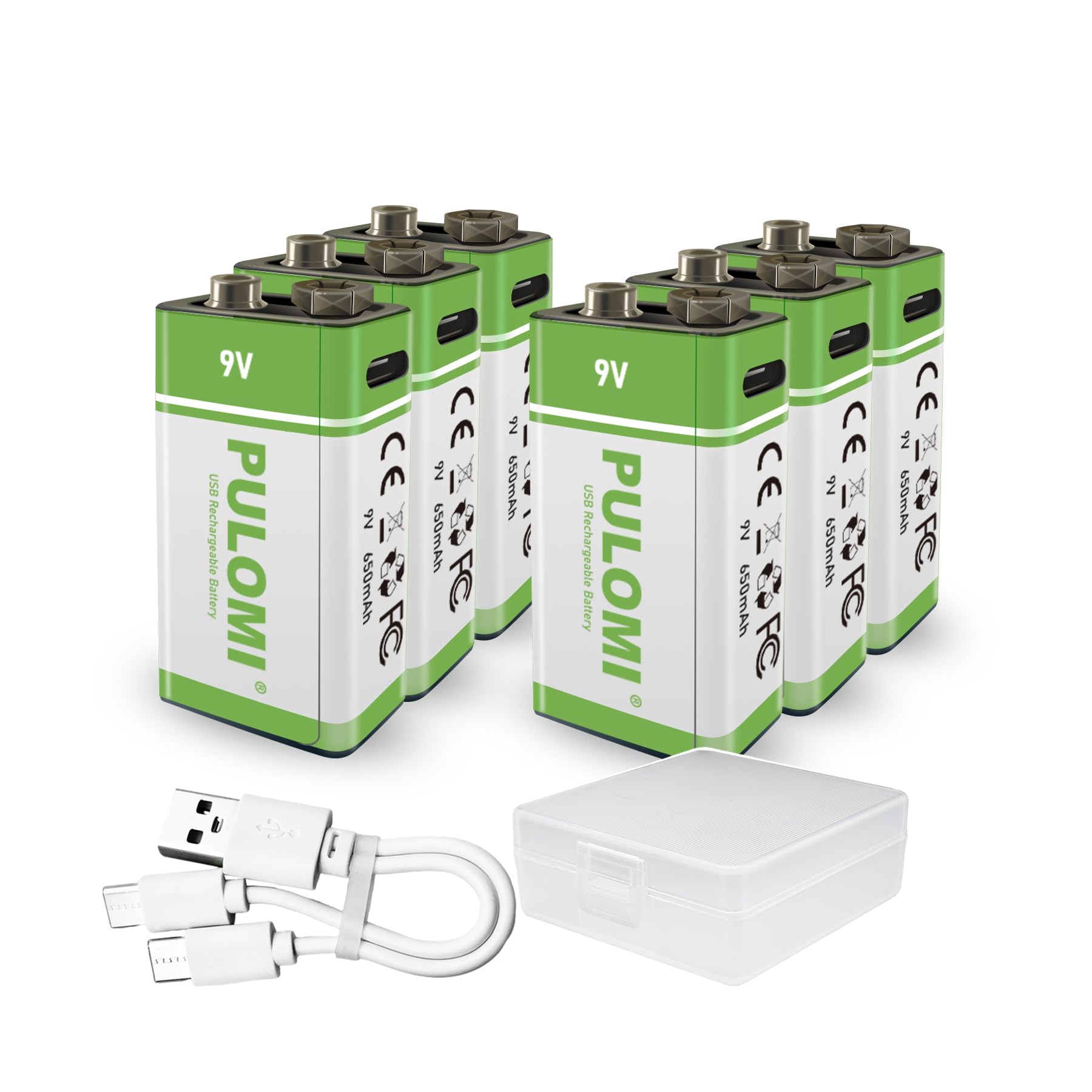 PULOMI 6pcs 9V Battery USB Type C 9V Rechargeable Batteries, High Capacity 650mAh 5920mWh, Fast Charge, Cycle Times up to 1200x with Charging Cable