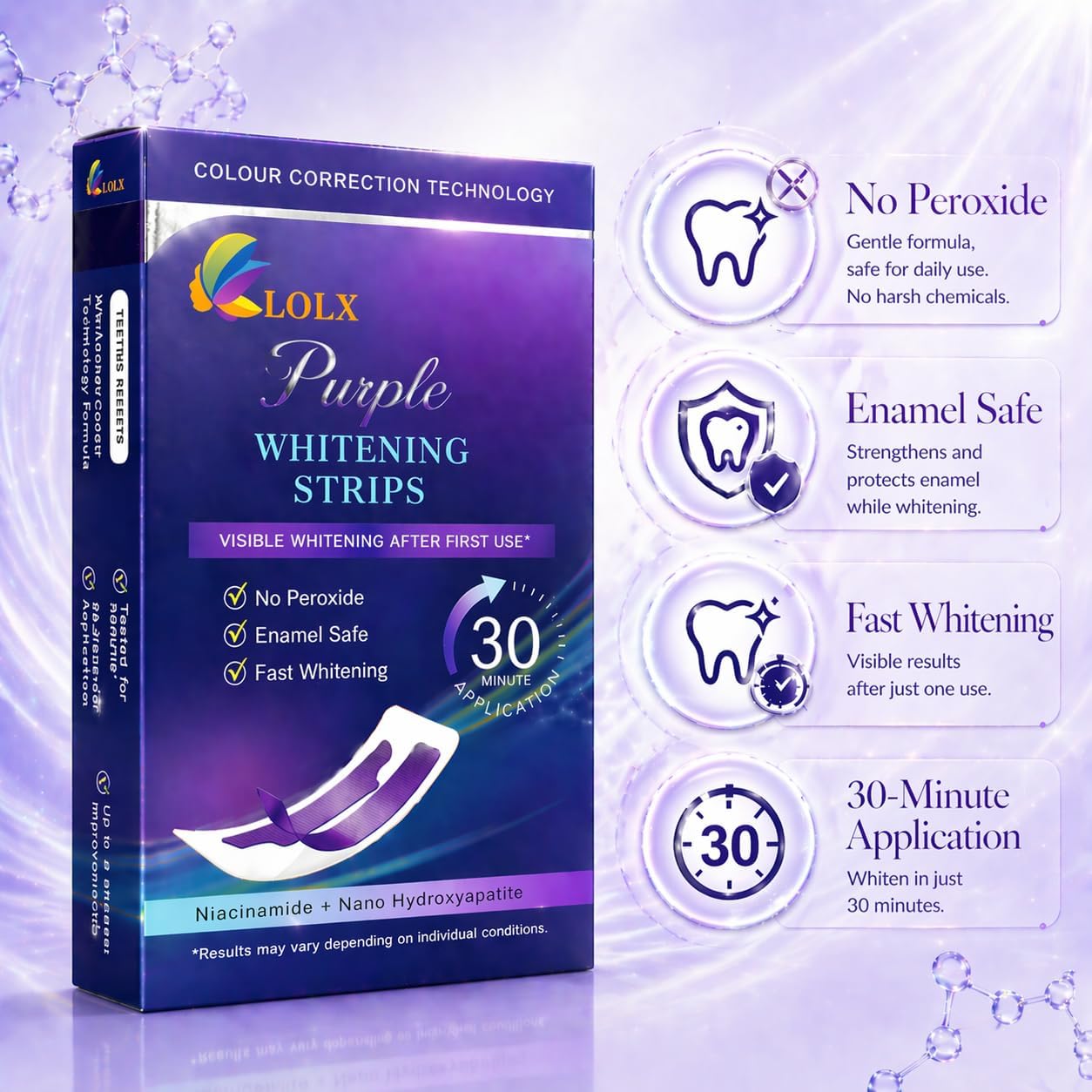 Purple Teeth Whitening Strips, Enamel Safe for Sensitive Teeth, Removes Yellow Stains & Bad Breath, Non-Slip Dry Strip Technology, Mint Flavor for a Brighter Smile (28 Strips)