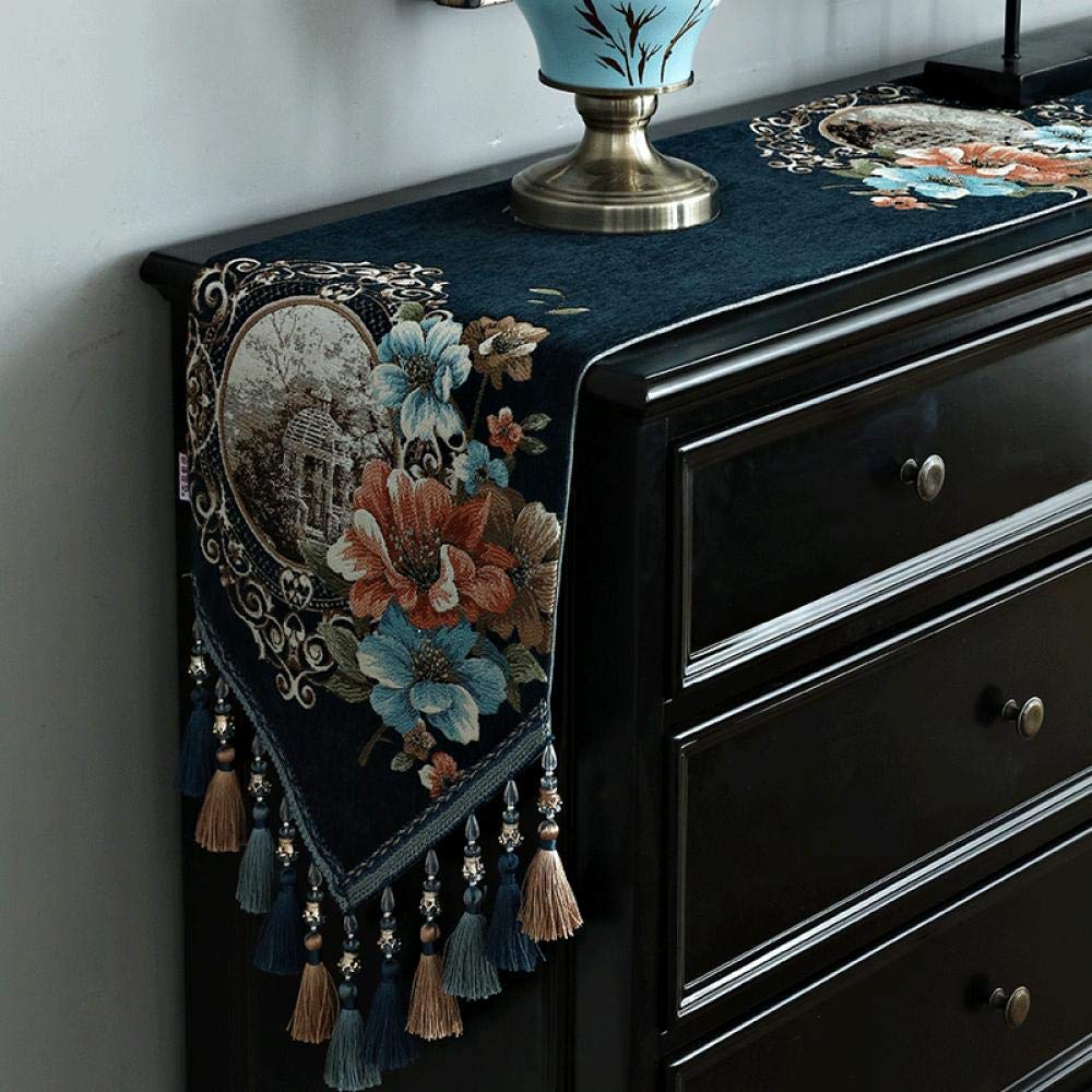 LIUJUAN Table Cover Protector Clean Tablecloth Vinyl Table Flag Off-White Tablecloth Rectangular Decorative Strip Tv Cabinet Shoe Cabinet-Navy Blue_Table Flag 32 * 240Cm