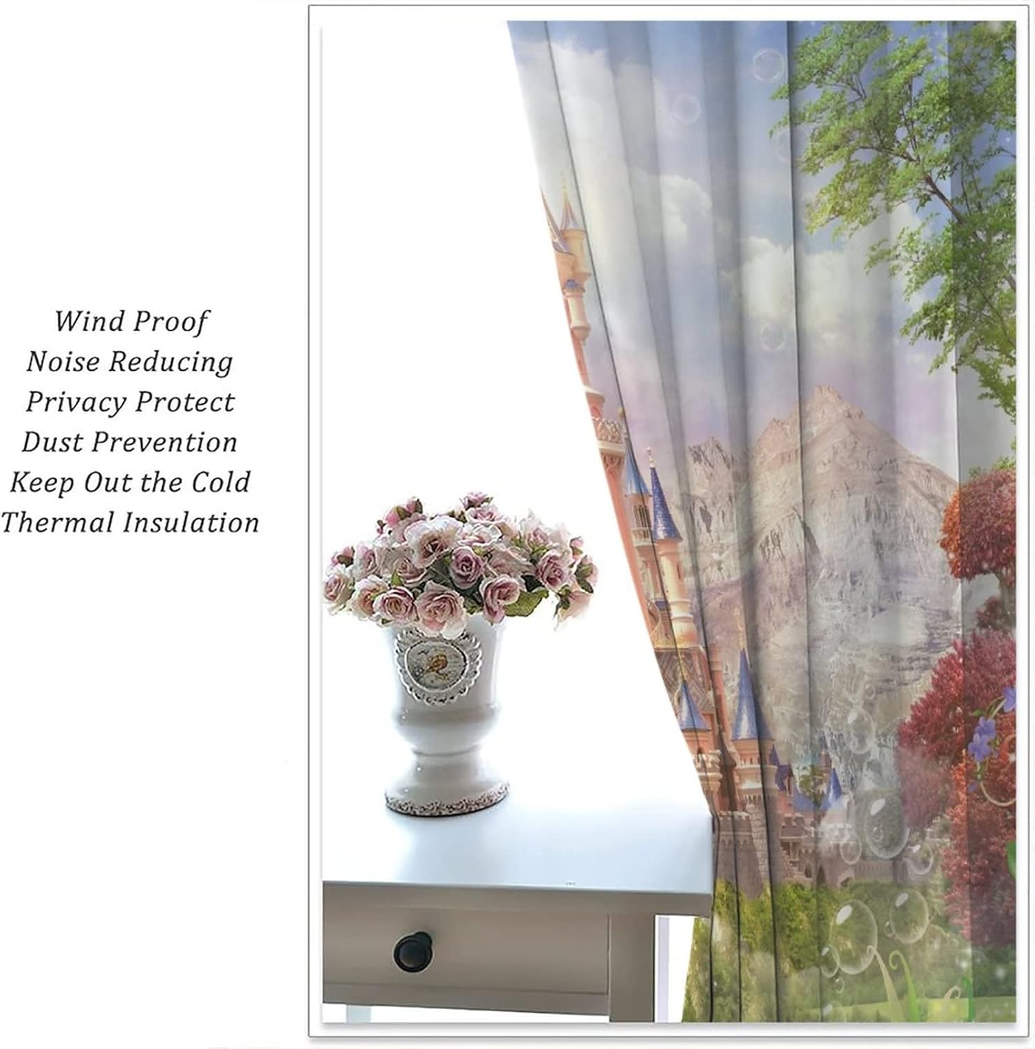 Kids Girl Children's Room Curtain Fairy Tale World Princess Castle Flower Garden for Living Room Bedroom Decor Printed Blackout Rod Pocket Window Drapes 42x45in