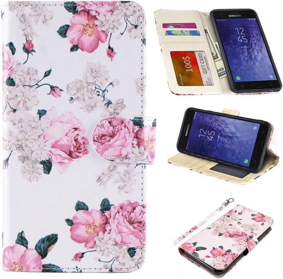 UrSpeedtekLive Samsung Galaxy J3 2018 Case, Galaxy J3 Achieve/Amp Prime 3/J3 Eclipse 2/J3 Prime 2 Premium PU Leather Wristlet Flip Wallet Case Cover with Card Slots & Stand,Flower