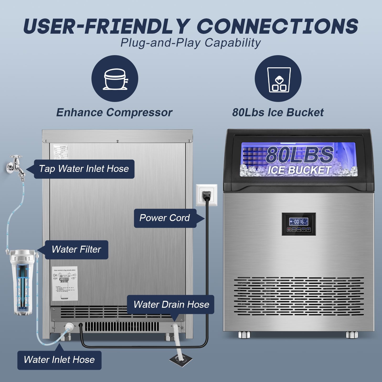 Commercial Ice Maker Machine 360lbs/24h With 80lbs Storage Bin, 126pcs Ice Cubes Ice Machine Stainless Steel Undercounter/Freestanding Ice Maker For Home Bar Outdoor, Self Cleaning on Fridge.com - View 4