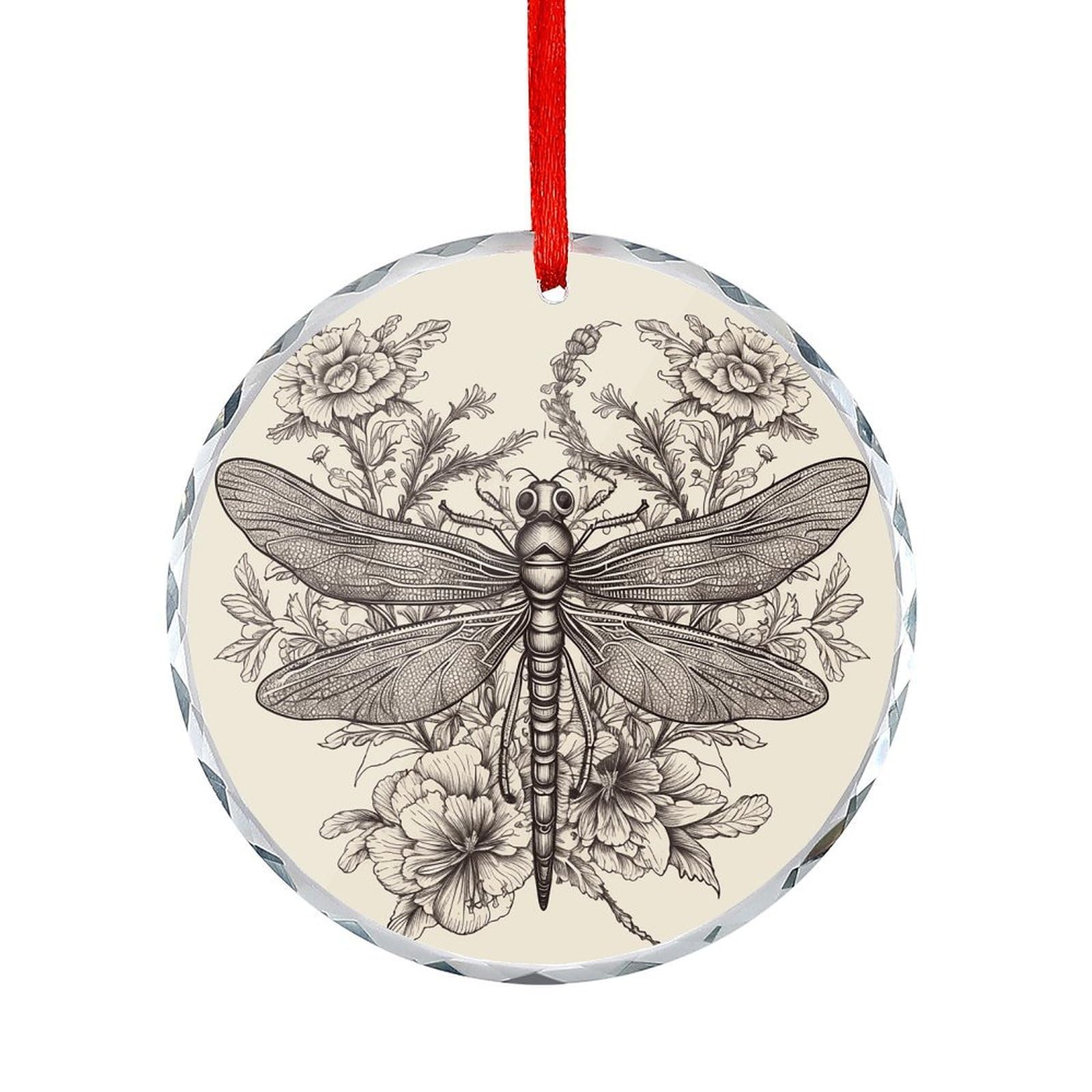 Btcowzrv Style Hand Drawn Floral Dragonfly Round Ornament Hanging Pendant Decor