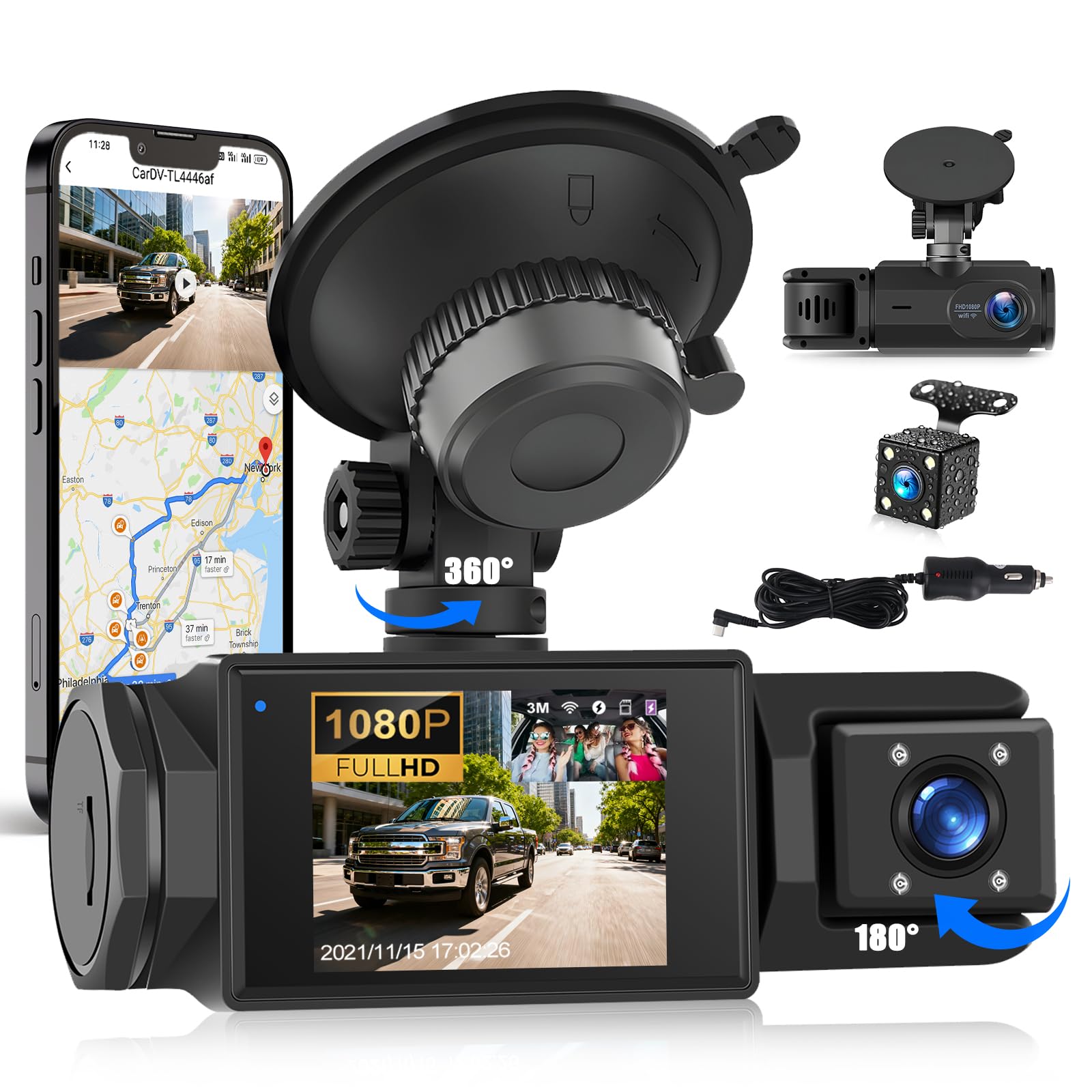 Dash CAM Auto 3 Canales Frente Retro, 2,0" Pantalla 1080P para Auto, con App Control, Super Visión Nocturna, Grabación en Bucle, Sensor G, Asistencia de Estacionamiento, Monitoreo 24h Estacionamiento