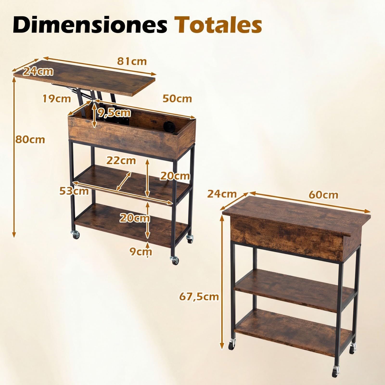 COSTWAY Mesa Auxiliar con Tapa Elevable y Estación de Carga, Mesa de Escritorio con Ruedas, Compartimento Oculto y Estantes, Mesita de Noche para Sofá, Salón y Dormitorio, 60x24x67,5 cm, Industrial