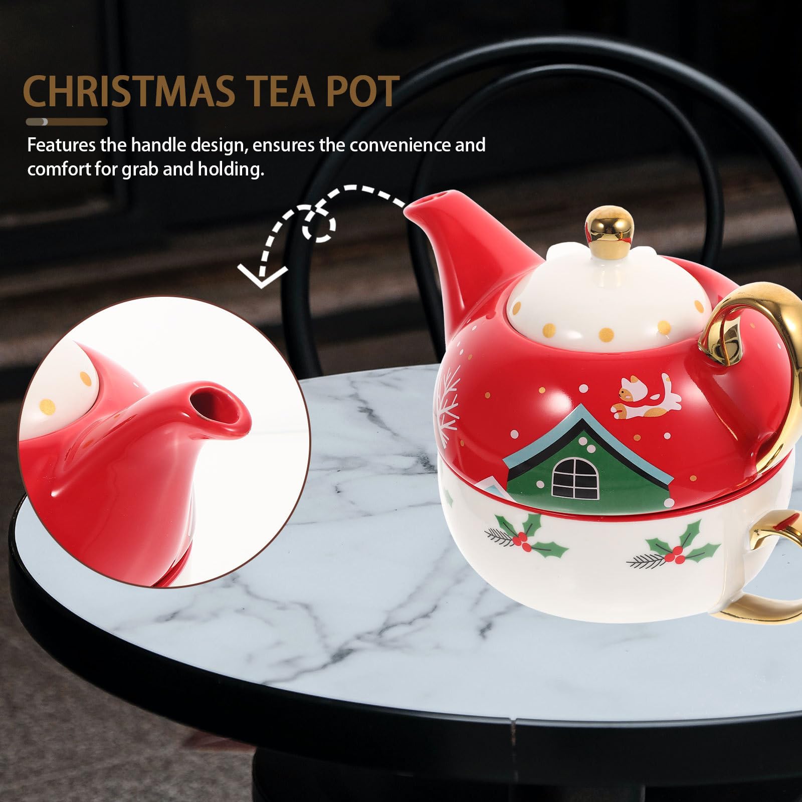 ULTECHNOVO Tasse et Soucoupe en Céramique de Noël, Coffret Rond, Théière et Poignée, Décoratif, Présent de Noël, Style Charmant