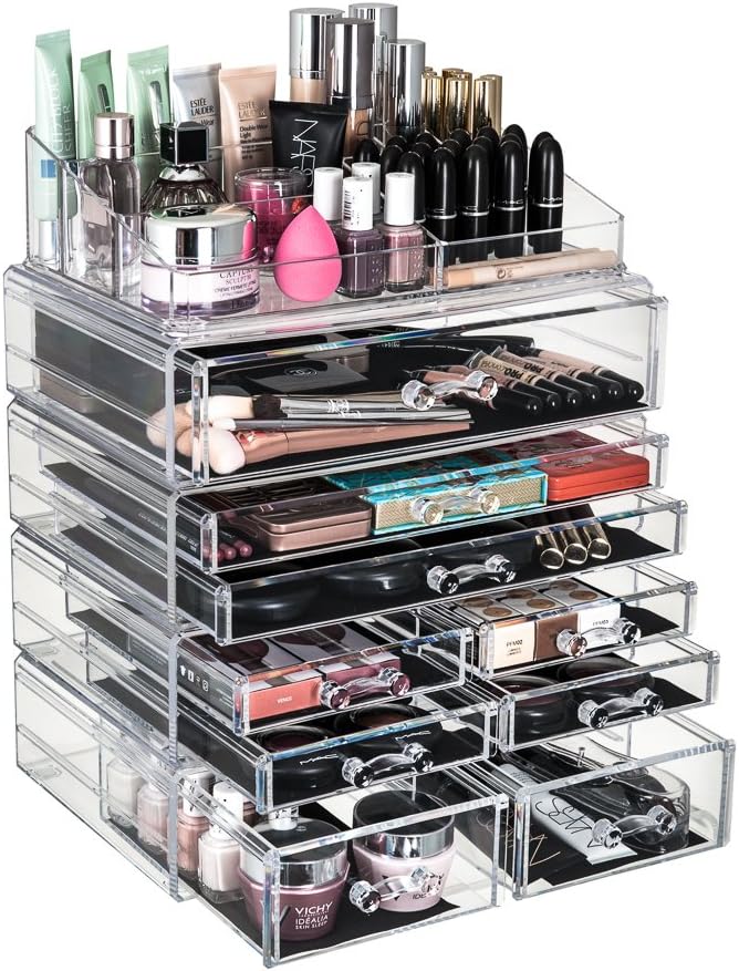 Glamsmacked Professional Clear Acrylic Cosmetic Organiser with Storage Tray - Perfect for Organising Make Up, Nail Polish, Varnish, Brush Sets, and Jewellery (9 Drawer)