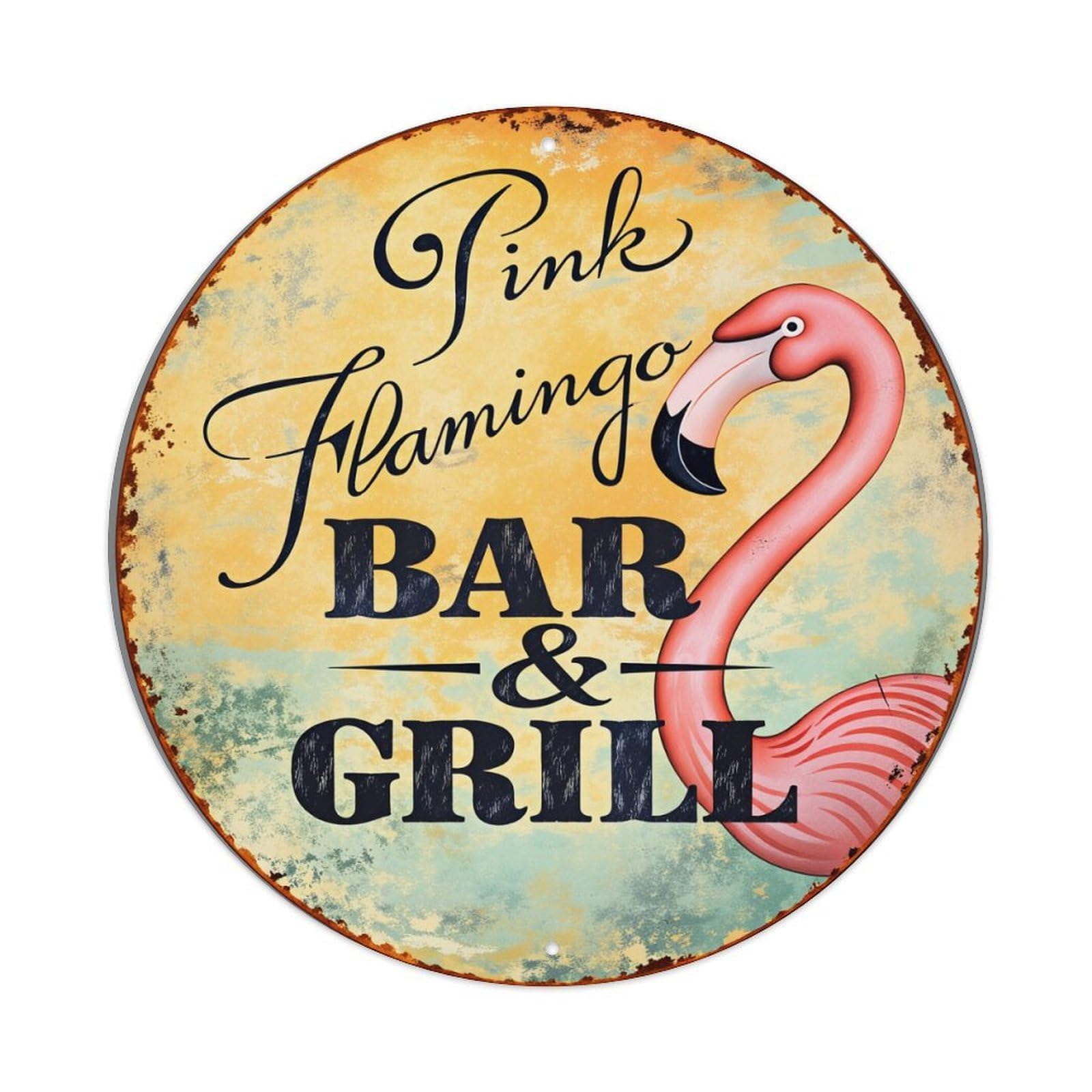 Pink Flamingo Bar Grill Sign Round Tin Sign Vintage Style Metal Sign Home Bar Garden Wall Plaque Decor Metal Poster 8x8 Inch