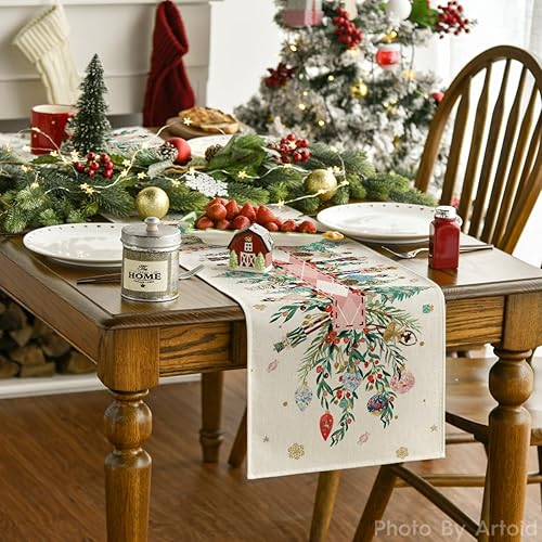 Miniatura 10 de Artoid Mode Camino de mesa de Navidad con diseño floral de cascanueces rojos, decoración de mesa de comedor de cocina de invierno para decoración de