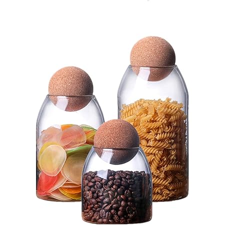 Amazon 密閉されたボールコルク蓋付きの丸いガラス瓶 透明なホウケイ酸塩ガラス貯蔵瓶 ガラスキャンディー瓶 石工瓶食品貯蔵瓶 お茶 コーヒー スパイス 砂糖 塩に使用 スリーピーススーツ 保存容器 キャニスター オンライン通販