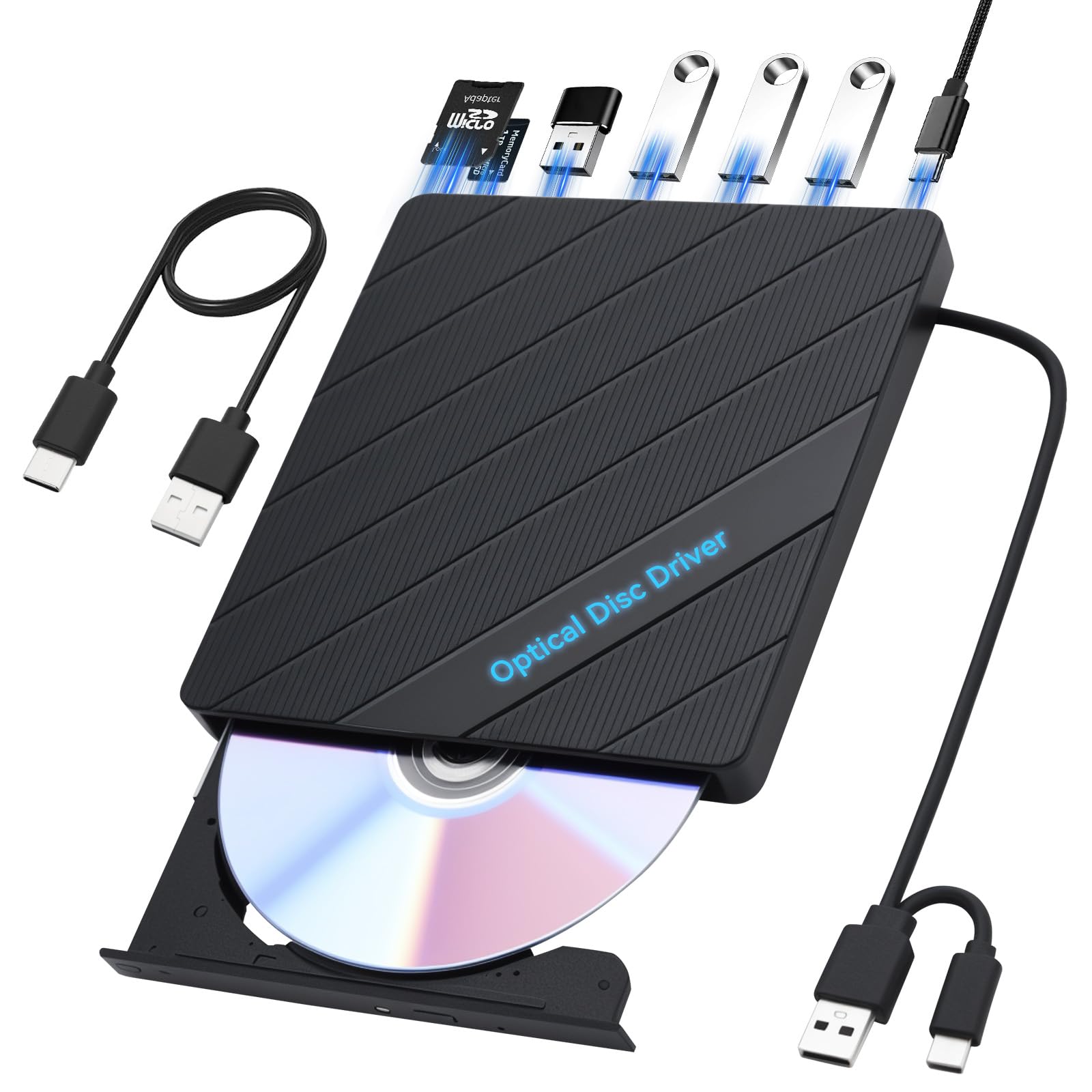 ELUTENG Lecteur/Graveur CD/DVD Externe USB 3.0 Type-C avec Câble USB-C 0.6m, Portable Graveur/Lecteur CD/DVD Portable +/-RW pour Laptop PC MacBook Windows 11/10/8/7 Mac OS