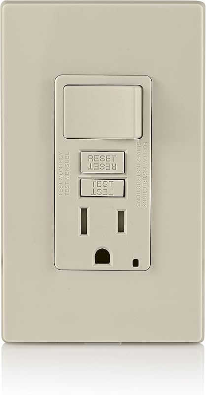 Leviton GFCI tomacorriente combinado con interruptor, 15 amperios, autoprueba, resistente a manipulaciones con luz indicadora LED, ahorra espacio, GFSW1-T, almendra clara