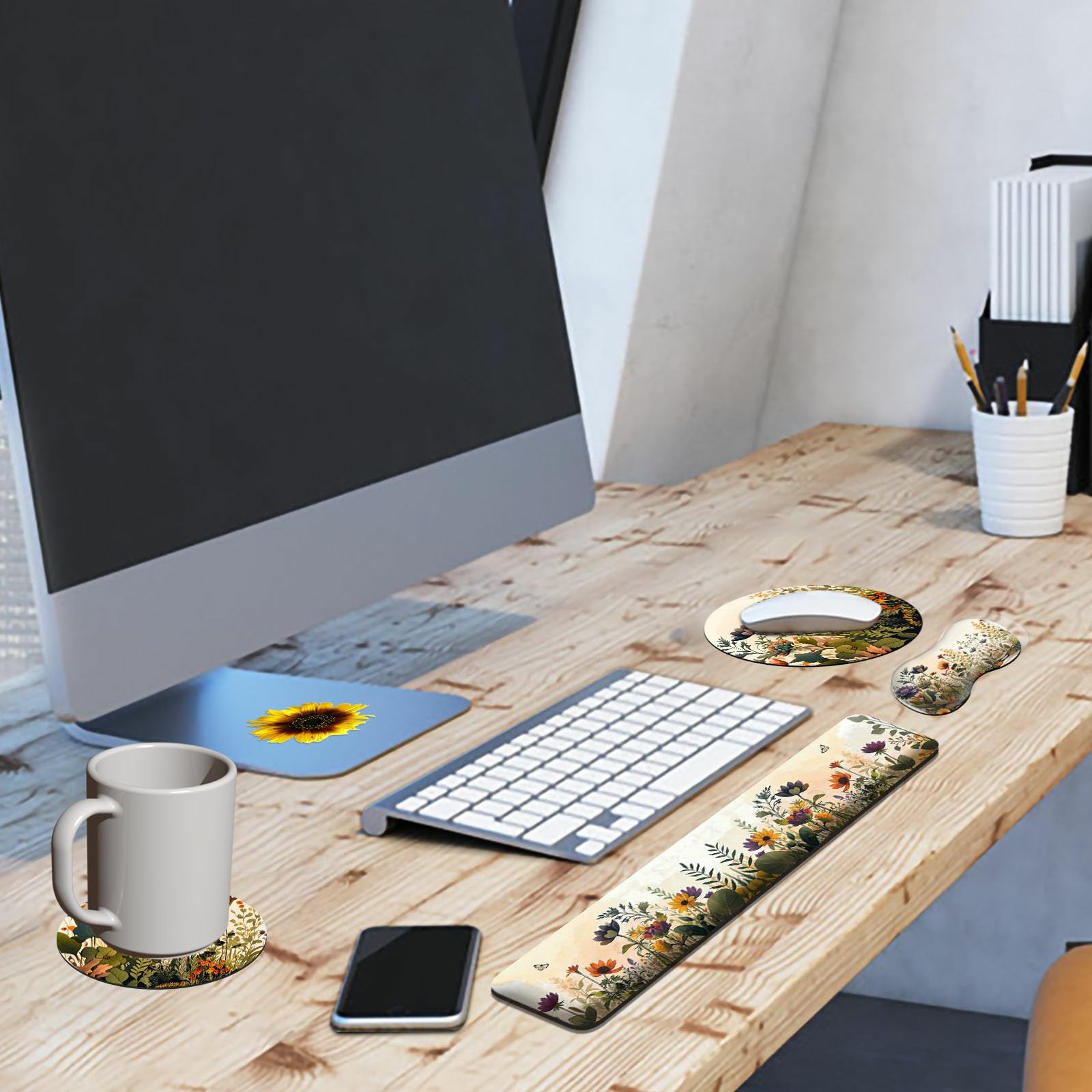 Alfombrilla para mouse con reposamuñecas + reposamuñecas para teclado + alfombrilla de mouse para juegos + posavasos, juego de almohadillas ergonómicas de espuma viscoelástica con fácil escritura y