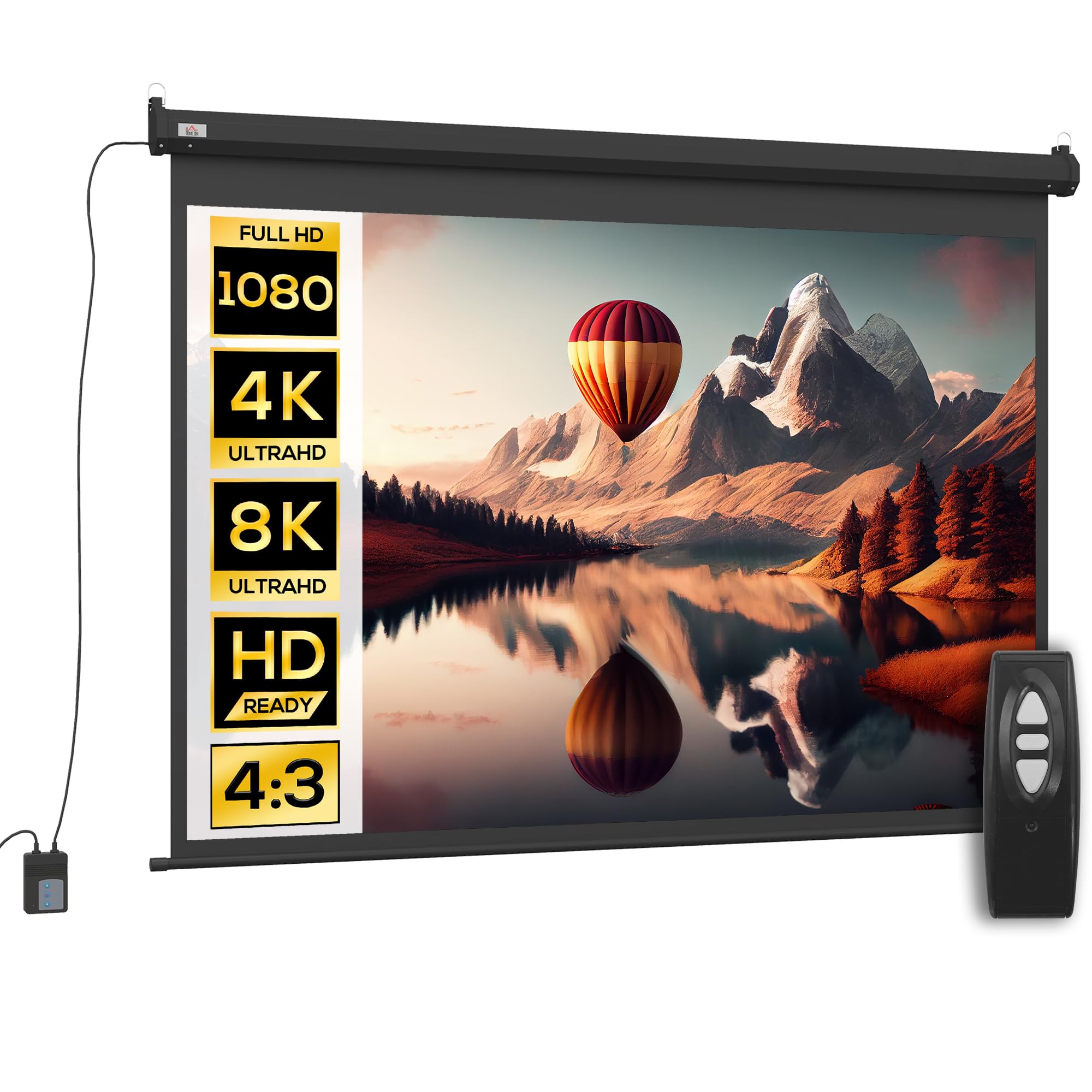 HOMCOM Pantalla de proyección 84" 171 x 130 cm 4:3 HD 4K Pantalla de proyección eléctrica con mando a distancia Pantalla de motor para cine en casa o presentaciones Negro