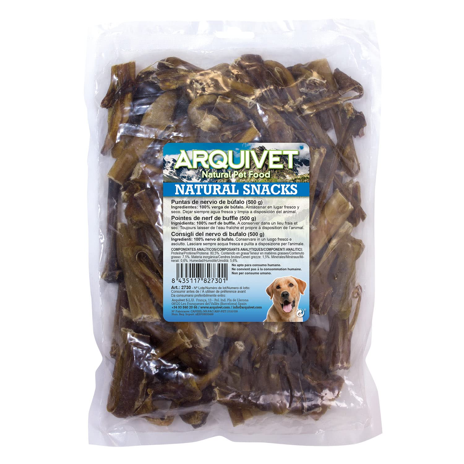 Arquivet Puntas de nervio de búfalo- Snacks Naturales para Perro - Golosinas para Perro - Chuches para Perro 500 g