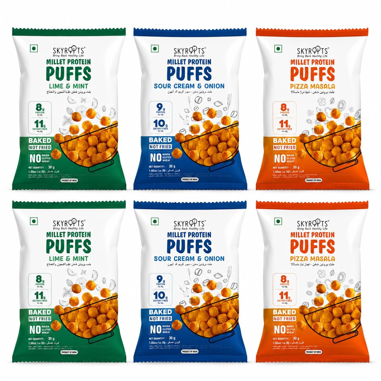 SkyRoots Healthy Ragi Sticks Millet Protein Puffs Combo Pack — Wholesome & Crunchy Snack | Baked Millet High Protein & Fibre | No Gluten Ingredients Added | Sour Cream & Onion, Lime & Mint & Pizza Masala | Healthy Snack | Pack of 6 x 30g-image-24