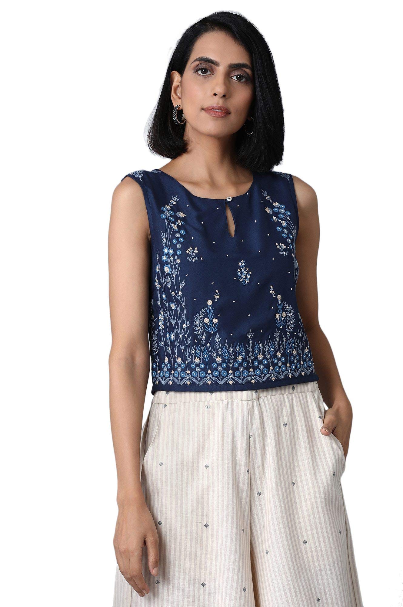 W for Woman Women's Solid Top (21FEW30420-213544_Dark Blue Regular)