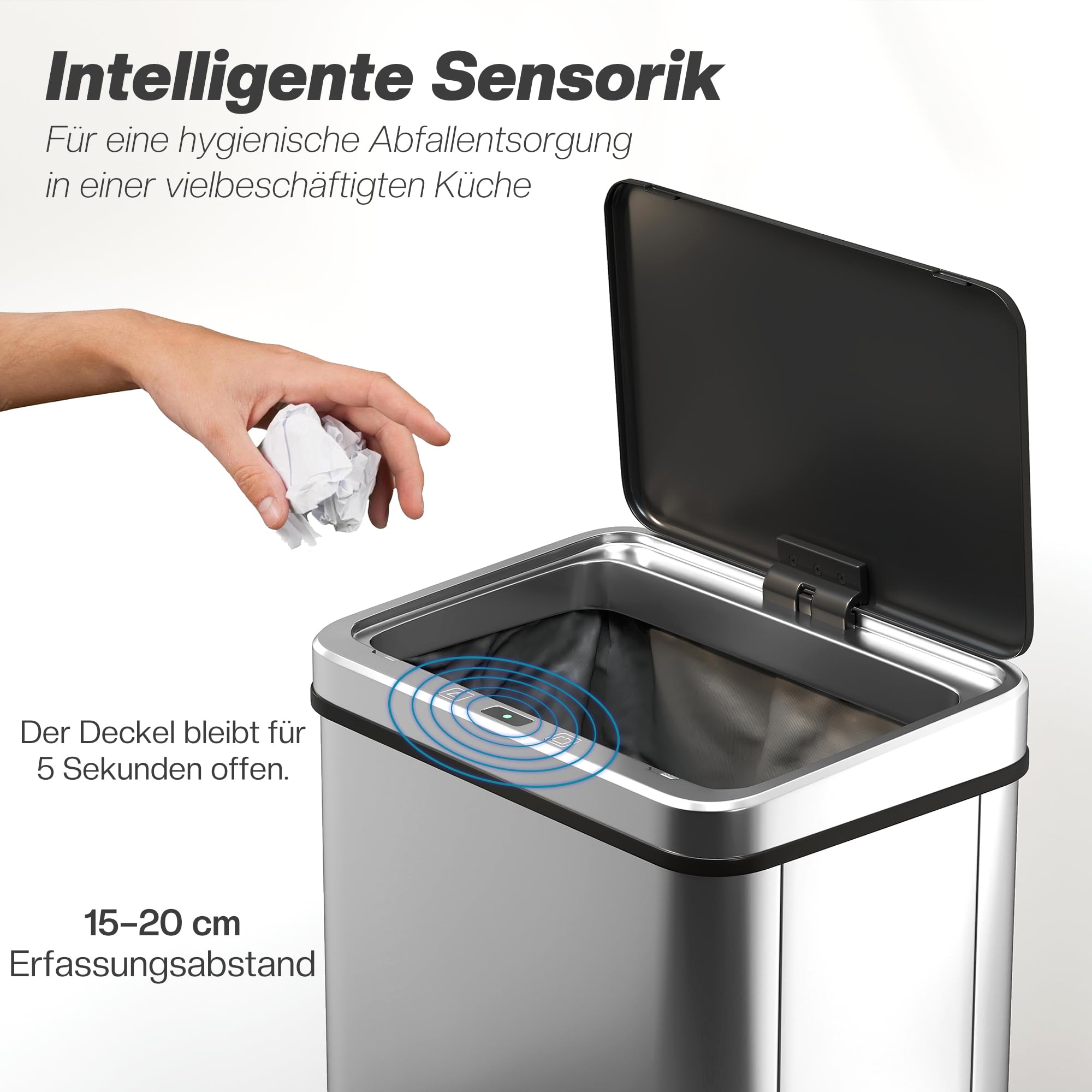 HOMCOM Sensor Mülleimer 40L Edelstahl Automatischer Mülleimer Silber | Soft-Close-Deckel, Bewegungssensor, Fingerabdrucksicherer Abfalleimer, Müllbehälter, für Büro Schlafzimmer Küchen