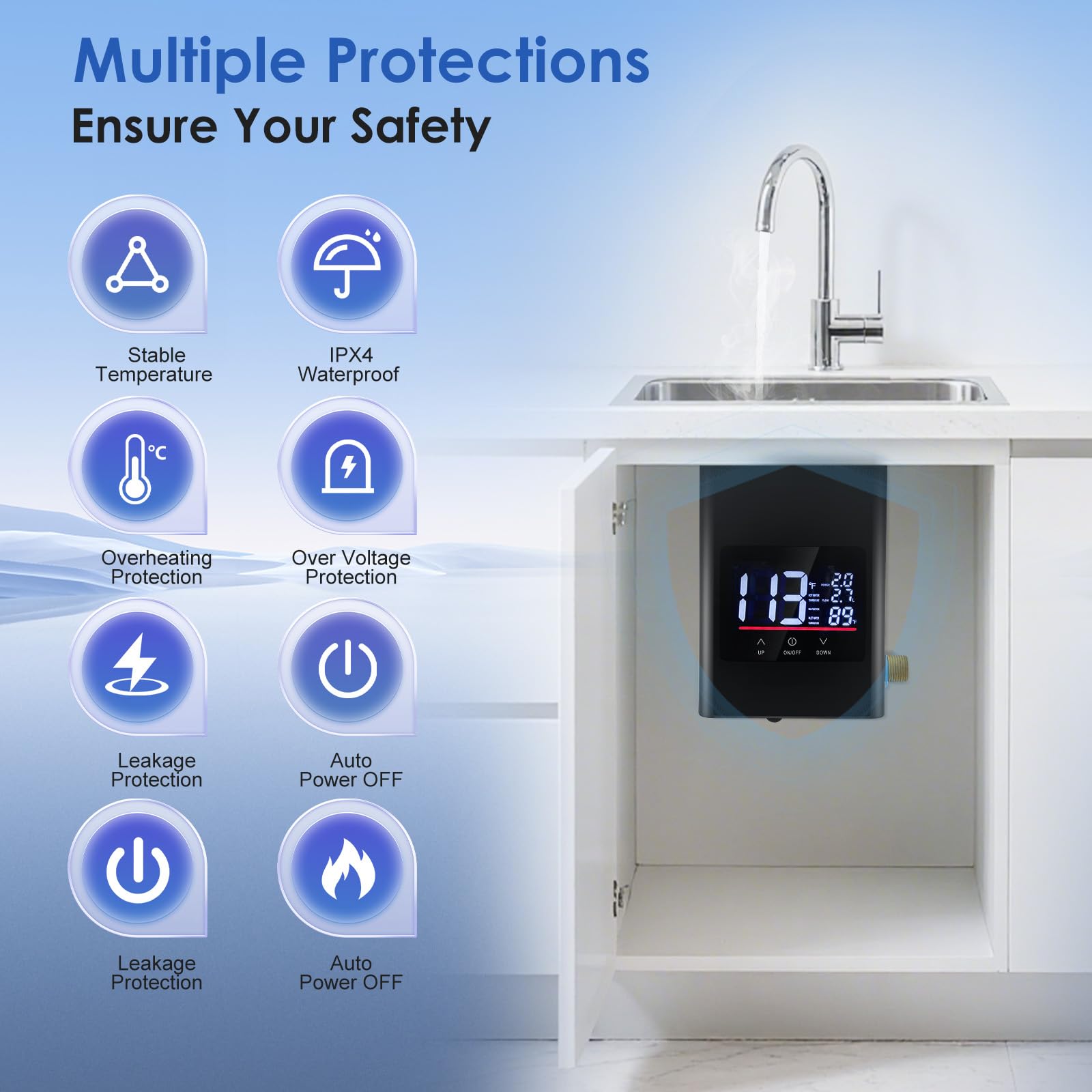 Scaldacqua istantanea da cucina 6000 W 220 V compatto scaldabagno piccolo con touch + remote, display LED IPX4 – Mini scaldabagno per lavello, bagno e camper, scaldabagno elettrico istantaneamente hei