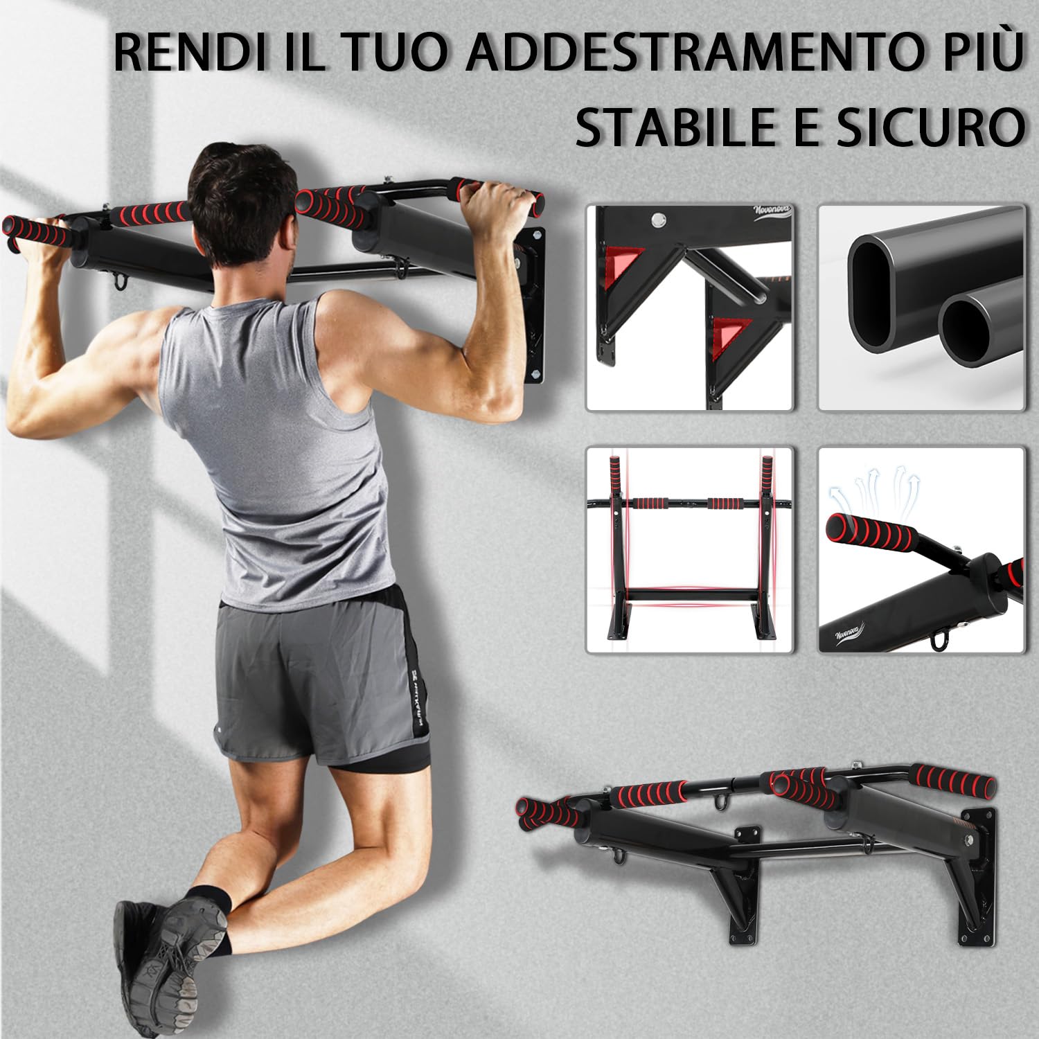 Sbarra Trazioni a Muro Fino a 250KG, Barra per Trazioni con Impugnature Antiscivole, Pull Up Bar Multifunzionale per Casa, NV-166