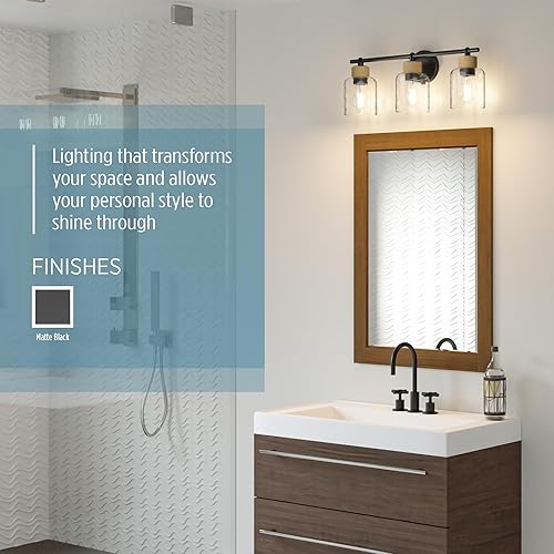 Miniatura 4 de Quoizel Naturals Baltic - Luces de tocador modernas, 24 pulgadas, 3 luces, color negro mate y cristal de agua transparente, accesorios de