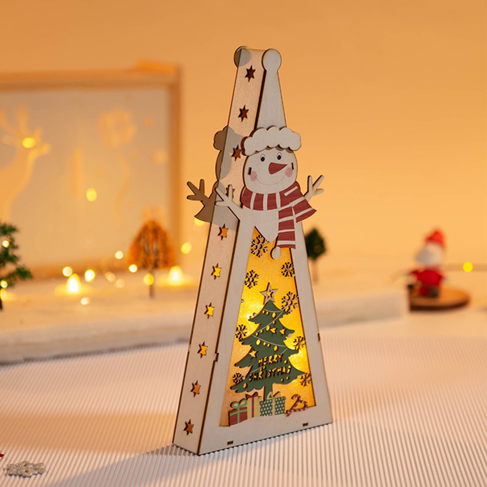 Vidillo Navidad Ilumina Escenas Festivas,Decoraciones Navideñas de Madera para la Casa del Árbol de Navidad,LED Blanco cálido,Ornamento Grande con Luces LED (Funciona con Pilas) (Muñeco de Nieve)