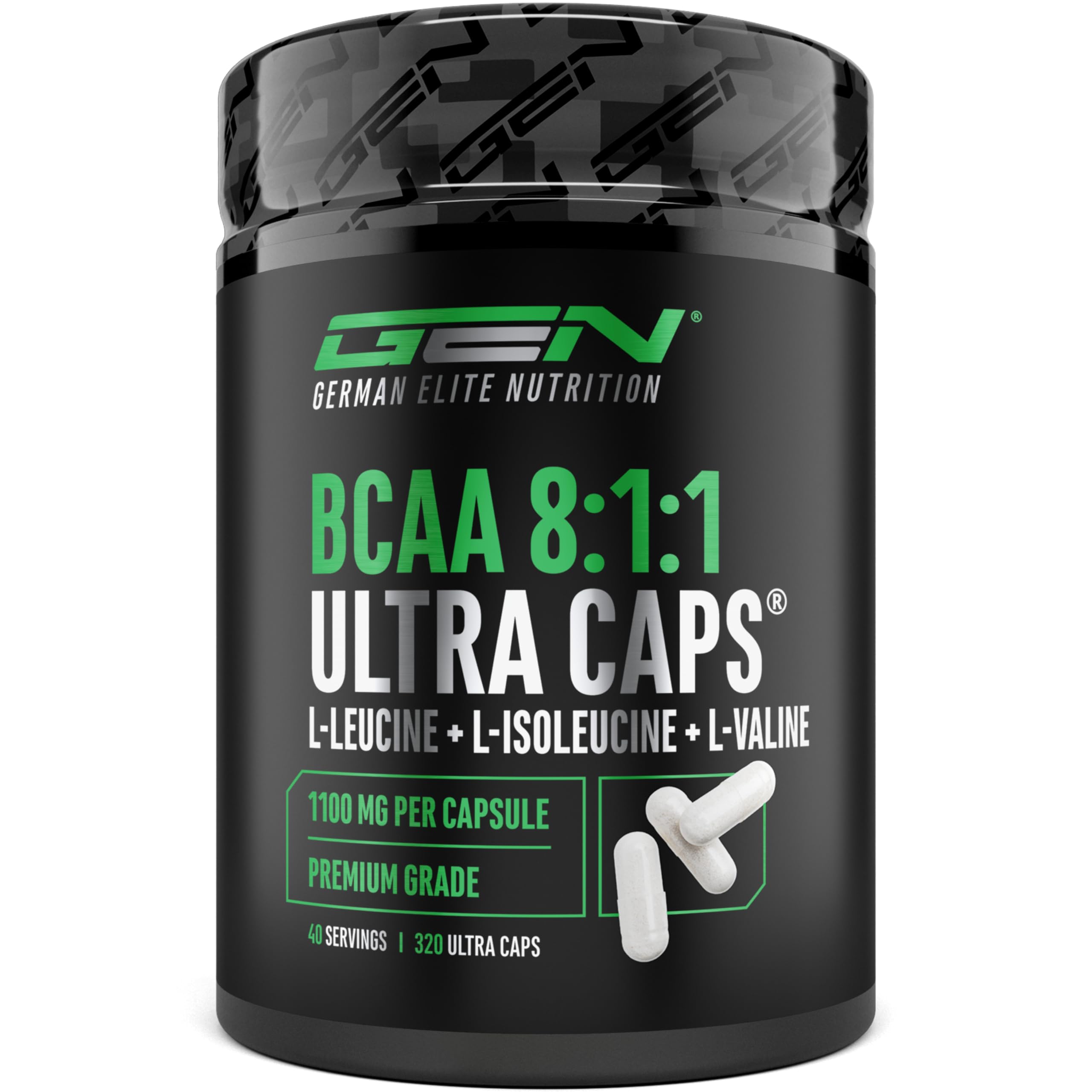 BCAA Ultra Caps 320 Gélules - 1100 mg par Gélule - Extra Hautement Dosé & Pur - Ratio 8:1:1 - L-Leucine, L-Isoleucine, L-Valine - Acides Aminés Essentiels