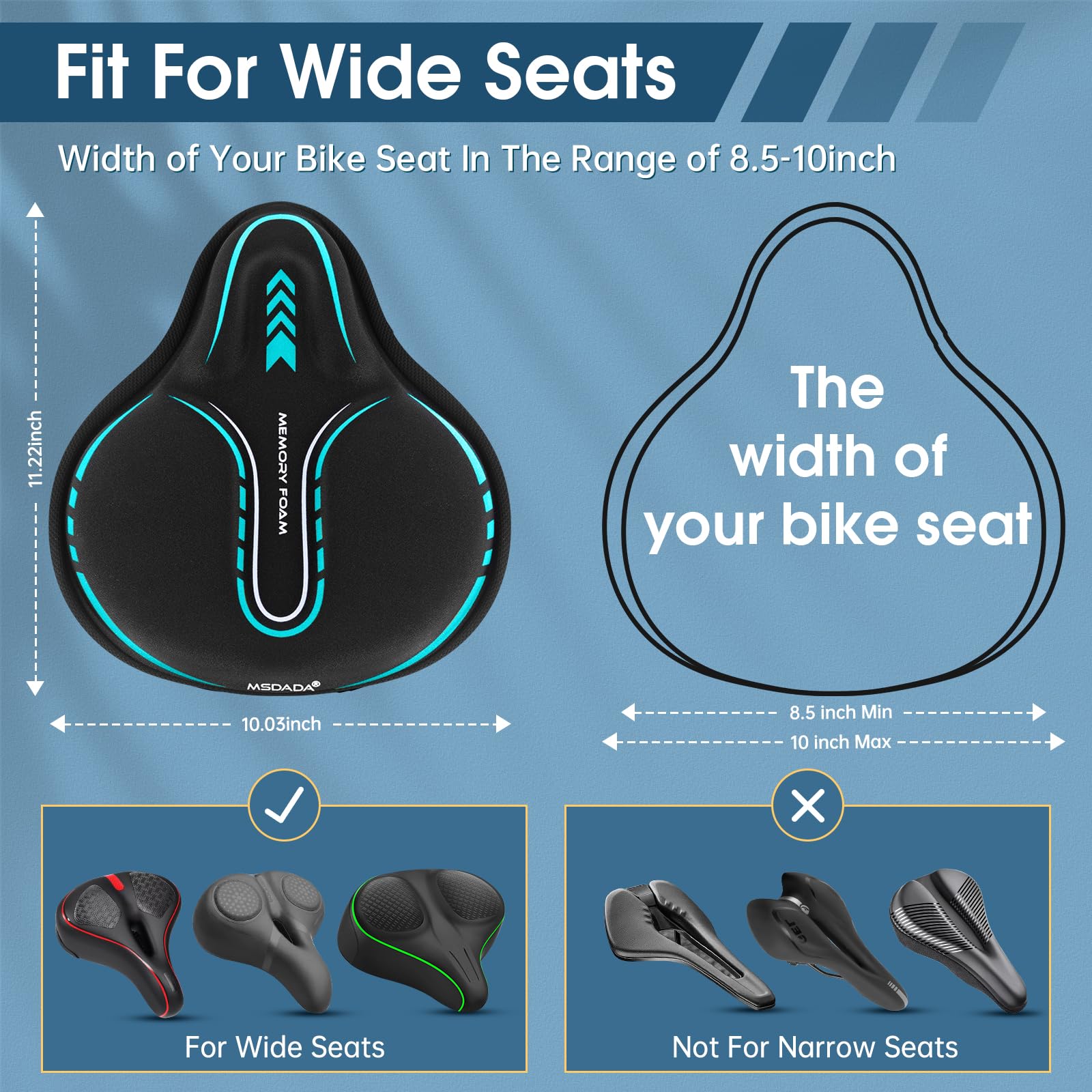 MSDADA Funda grande de gel acolchada para asiento de bicicleta, cojín suave para hombres y mujeres, cómodos accesorios de bicicleta para ciclismo en interiores y exteriores (cian)