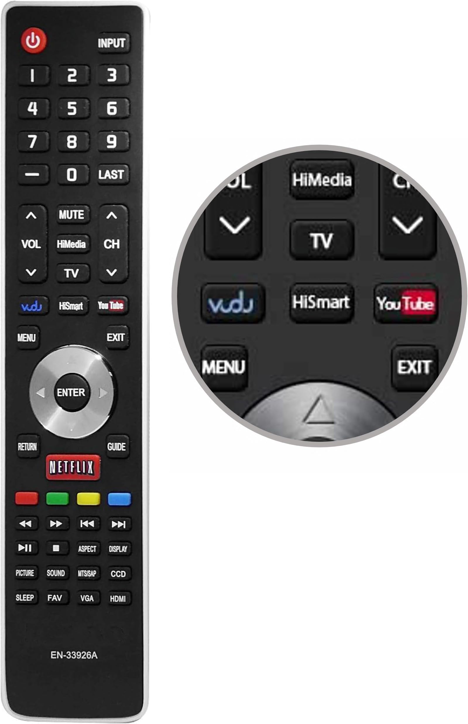 EN-33926A Remote Control Compatible with Hisense EN-33926A for Hisense Smart TV 32K20DW 32K20W 40K366WN 50K610GWN 55K610GWN 40H5 XV5849 32H5B 40H5B 48H5 50H5B 50H5G 50H5GB