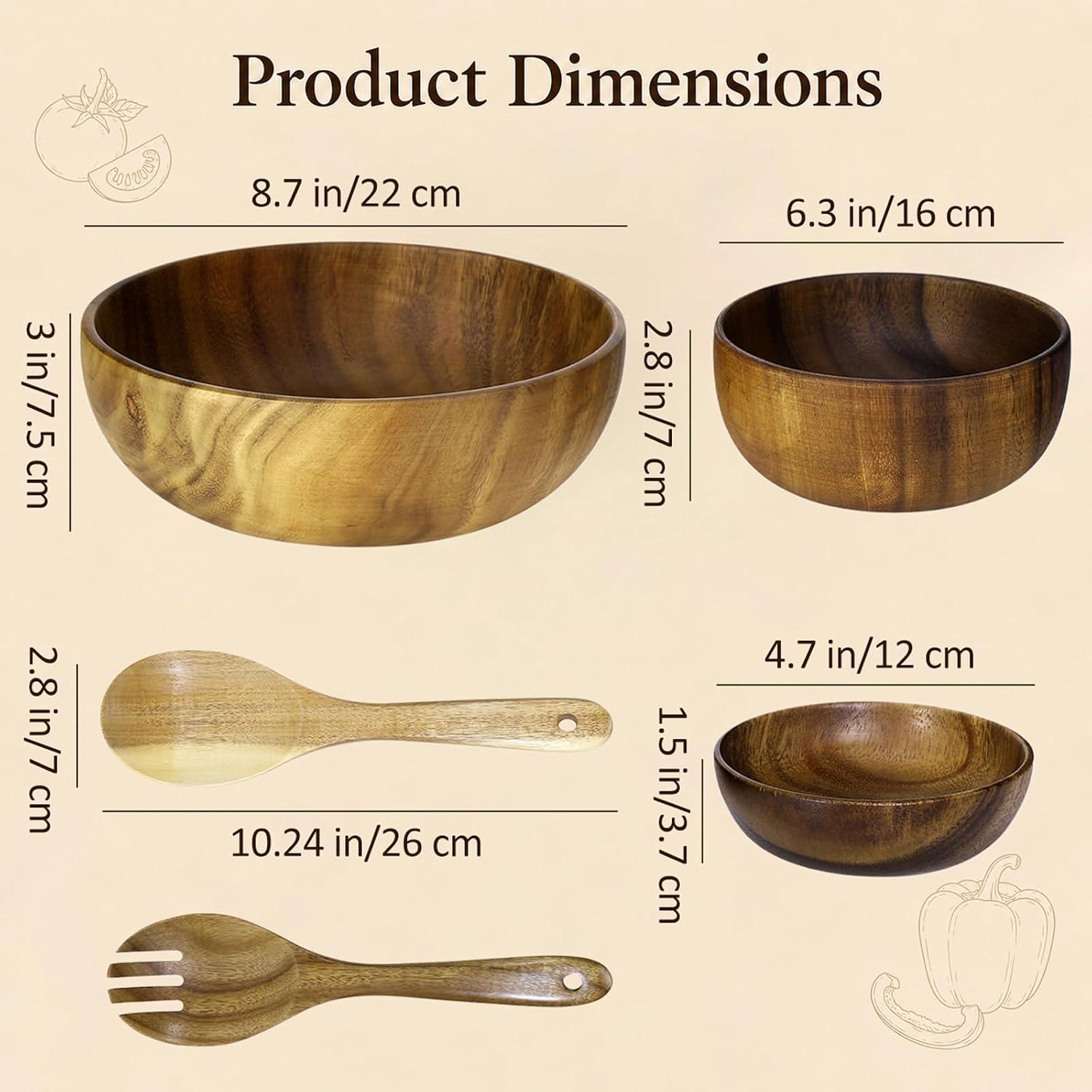 Walnut Wooden Salad Bowls Set of 5, 8.7" 6.3" 4.7" Natural Solid Wood Serving Bowls with Salad Fork and Spoon, Handcrafted Wooden Container Set for Fruit Snacks, Housewarming Present