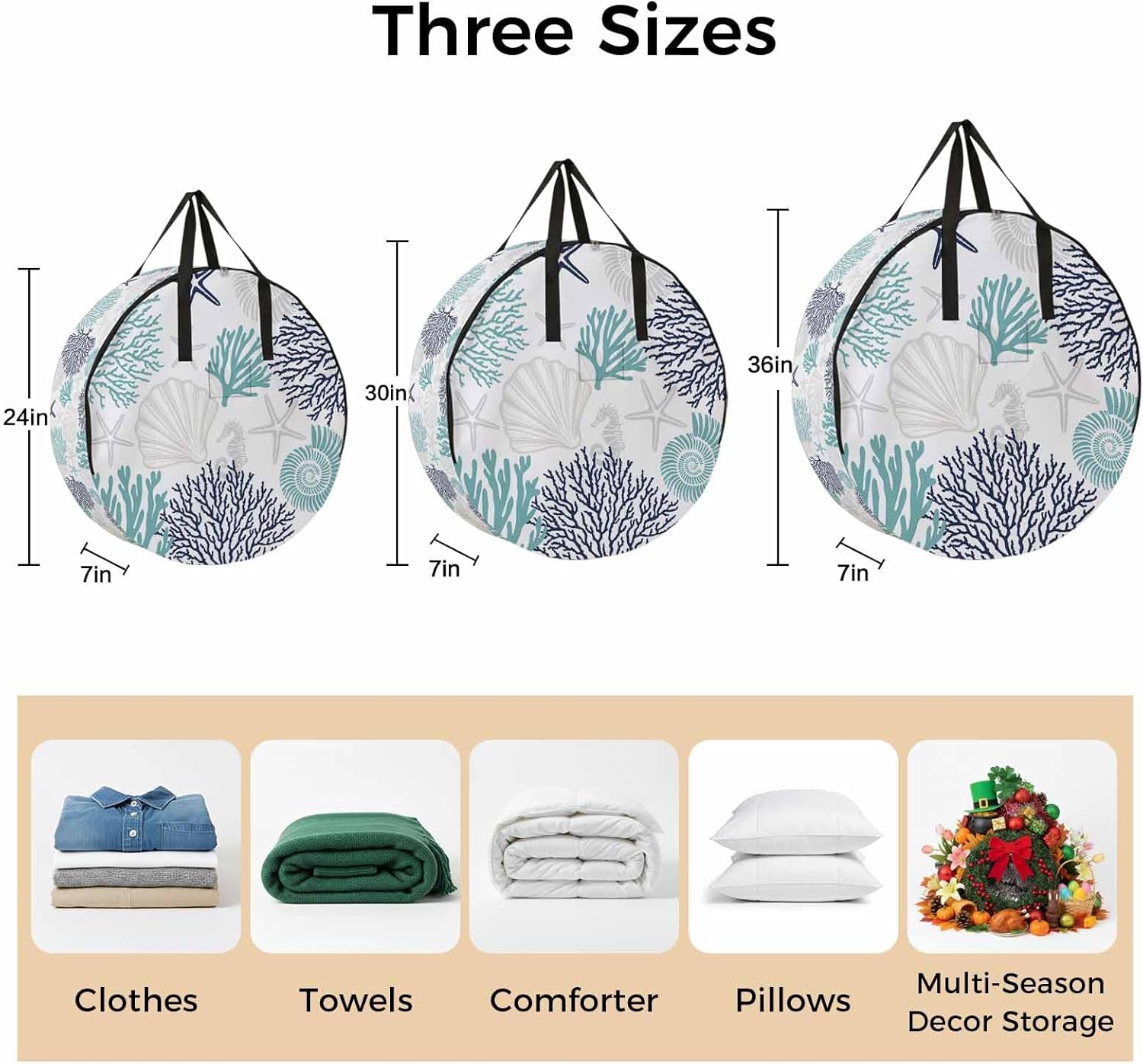 Coral Shell Round Storage Bag 36 Inch, Starfish Ocean Teal Blue Summer Beach Clothes Storage Container with Handles Heavy Duty Organizer for Comforter, Bedding & Holiday Wreaths
