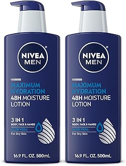 Men Maximum Hydration 48-Hour Moisture Body Lotion for Dry Skin, Aloe Vera Lotion for Men, 3-in-1 Body, Face and Hands, Dermatologically-Tested, 16.9 Fl Oz Bottle (Pack of 2)