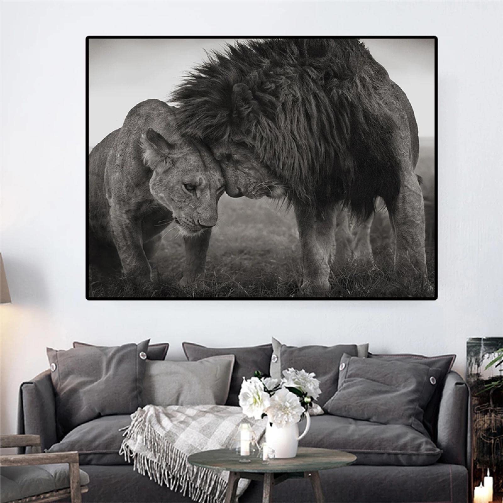 Lwy rodzina głowa do głowy obrazy na płótnie dekoracja sypialni czarno-białe plakaty i druki płótno zwierzęta zdjęcia Home Decor 38x50cm wewnętrzna ramka