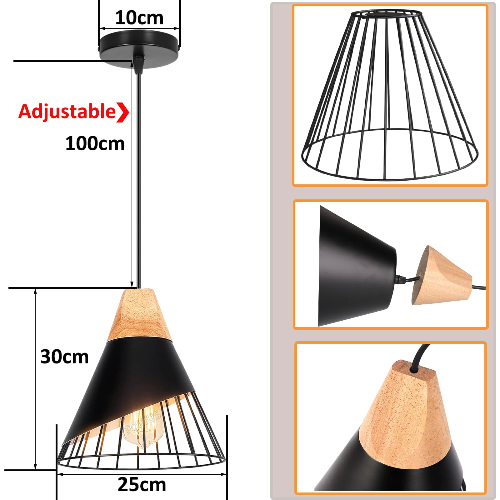 Lampa wisząca Nowoczesny przemysłowy drewniany żyrandol abażur Vintage Metal Kształt Klatka Ø25cm Lampa sufitowa E27 Projekt do kuchni, sypialni salonu (czarny -2 szt.)