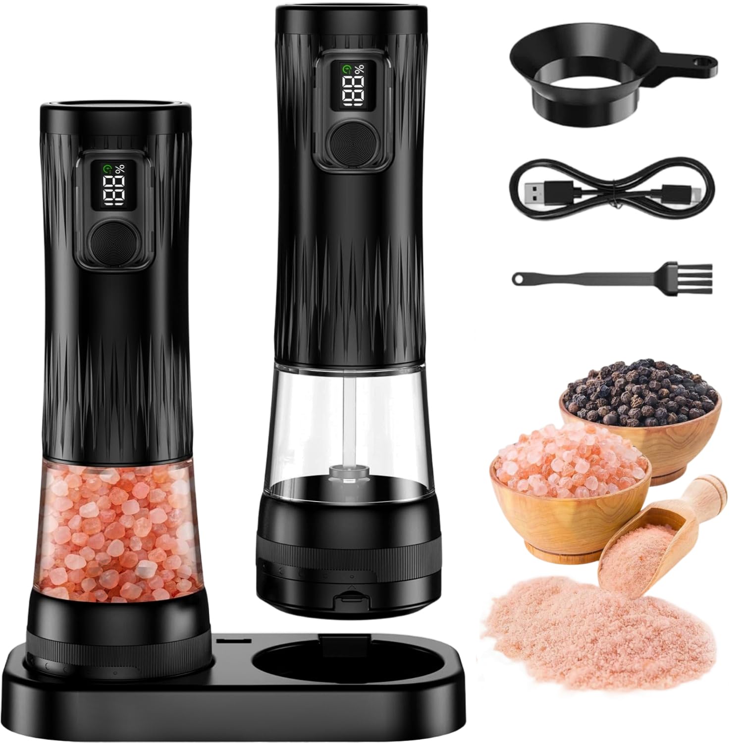 2Pcs Electric Pepper and Salt Mill Set, Rechargeable Pepper Grinder Mills with Upgraded Battery Display and LED Light, 100ml Larger Capacity Adjustable Coarseness Spice Grinder for Kitchen Picnic