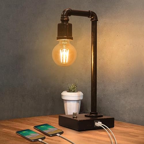 Industrial Table Lamp, Vintage Bedside Lamp with USB C and USB A Charging Ports, Dimmable Steampunk Office Lamp Metal Pipe Edison Reading Lamps for Bedroom, Dorm, Farmhouse Decor 6W LED Bulb Included - Black