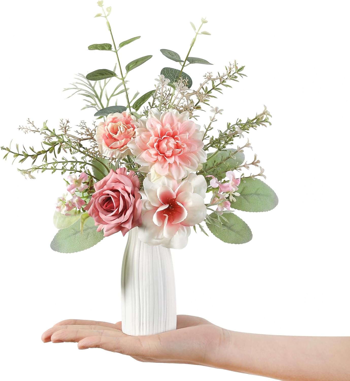 Small 11" Artificial Flowers in Ceramic Vase - Pink Silk Flower Centerpiece for Dining Table, Office, Wedding & Farmhouse, Home Decor Gifts - Image 8