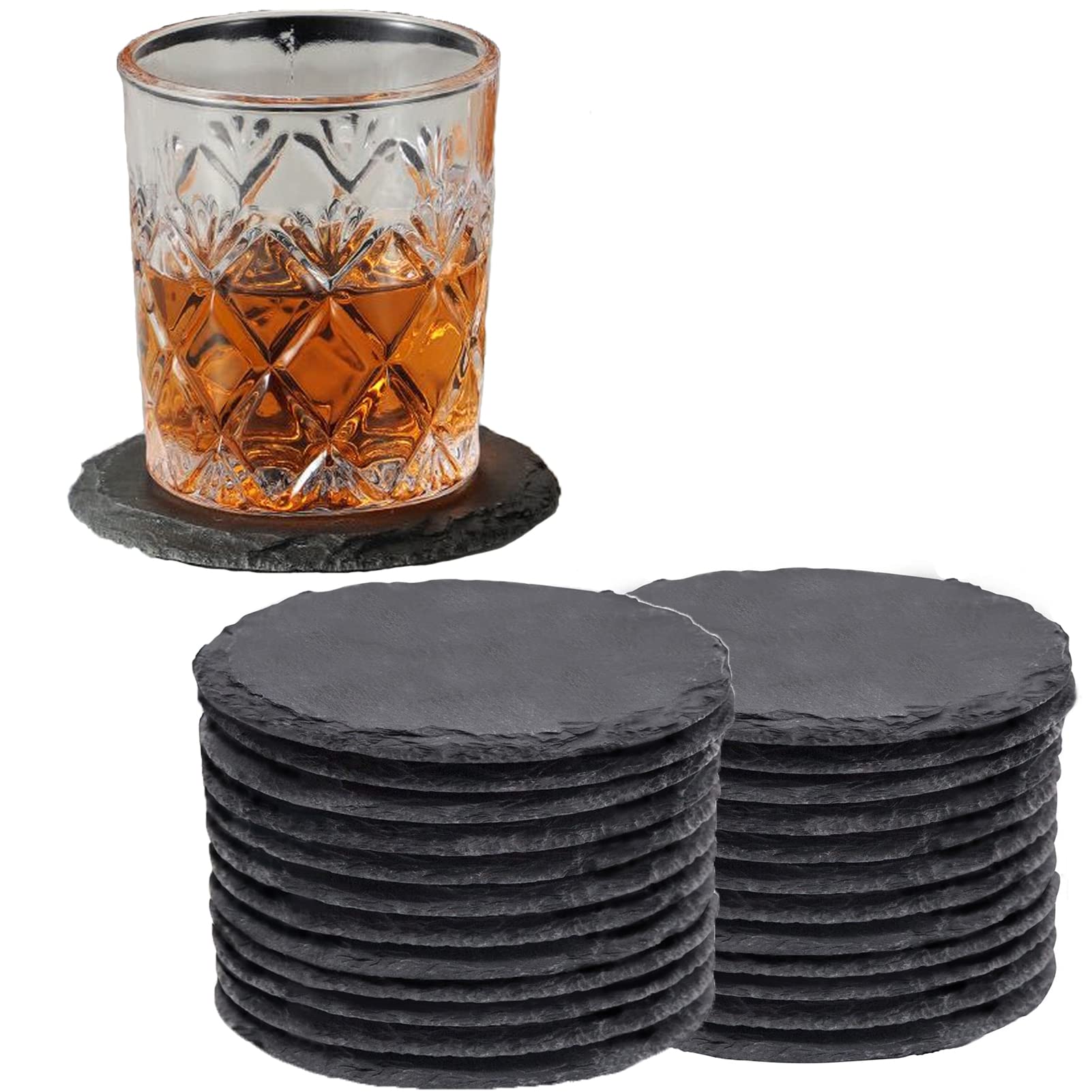 24 PCS Slate Drink Coasters Bulk, MAPRIAL 4 Inch Round Black Rustic Stone Coasters, Laser Engraving Blanks with Anti-Scratch Backing for Engraver, Wedding, Gifts, Home Decor, Bar