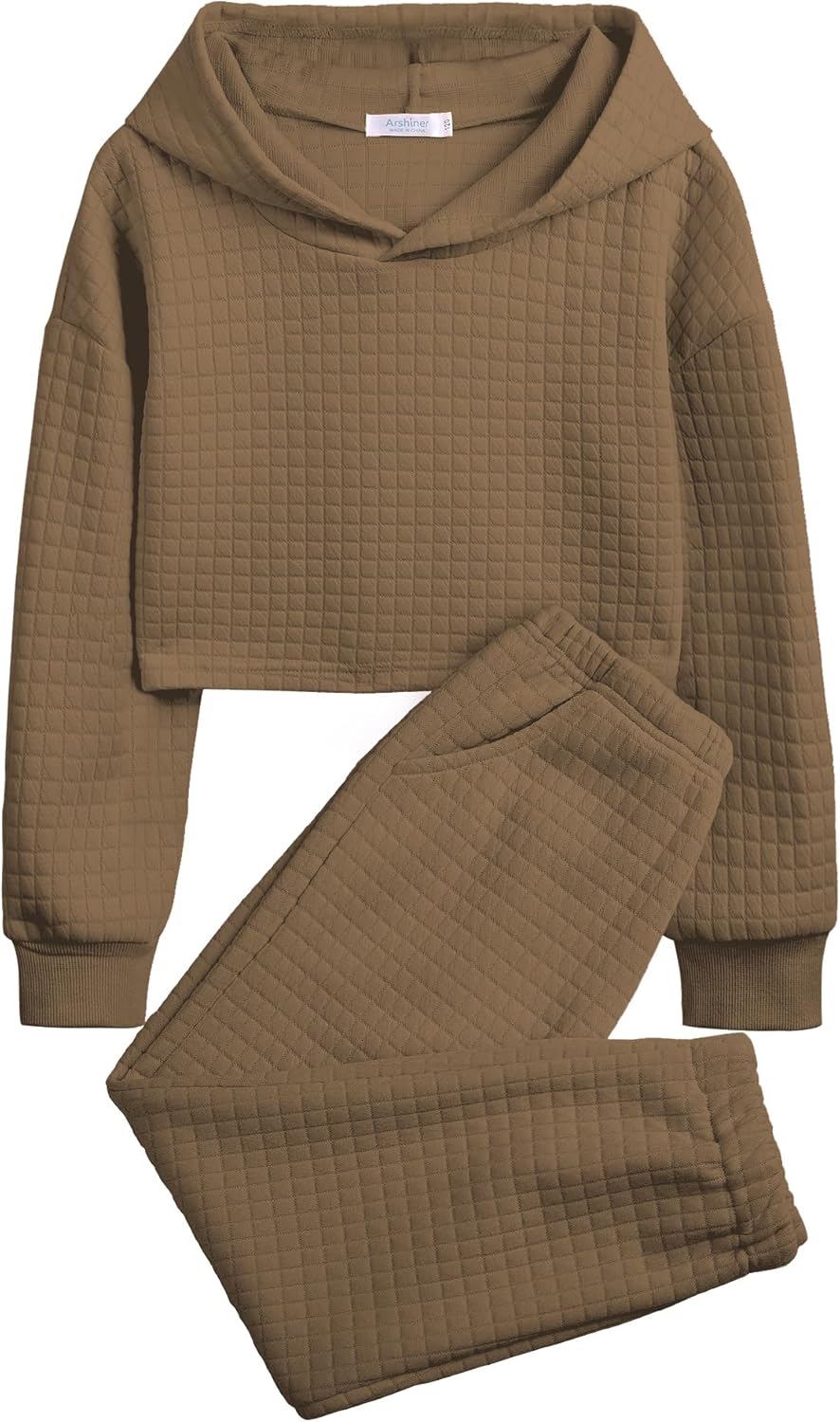Arshiner Girls 2 Piece Outfit Waffle Knit Pullover Hooded Sweatshirt and Sweatpants Clothing Sets Long Sleeve Tracksuits