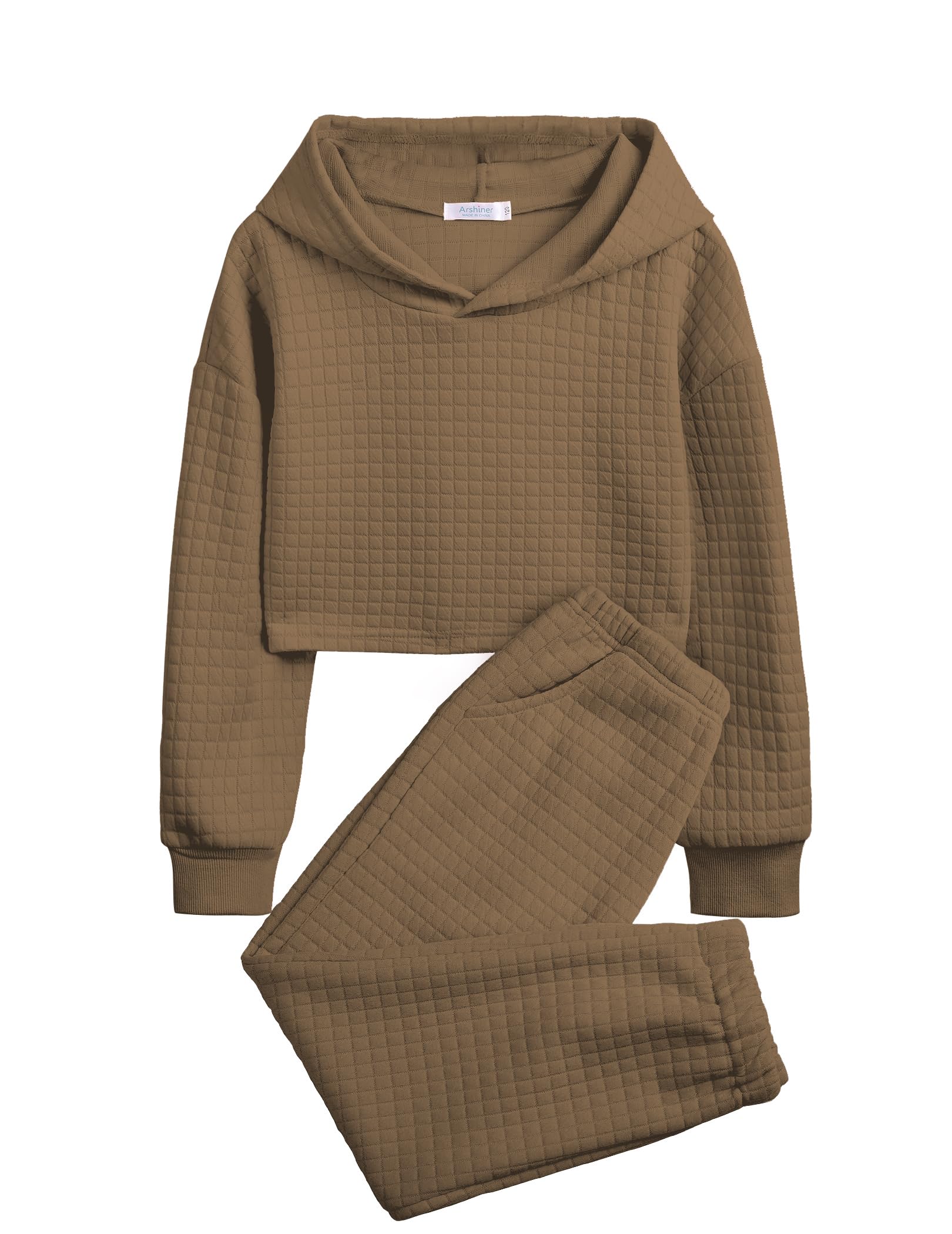 Arshiner Girls 2 Piece Outfit Waffle Knit Hooded Sweatshirt and Sweatpants