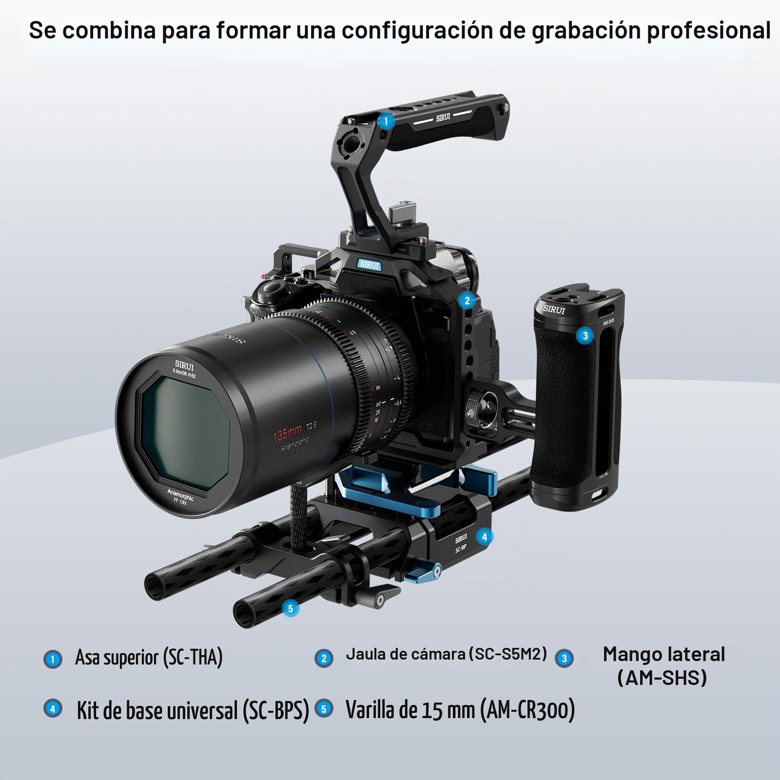 SIRUI LWS 15mm Lens Support Soporte Lente Compatible con Lente de 55mm a 140mm de Diámetro para Lente Larga, 3 Varillas de Extensión para Cámara Réflex Digital - AM-LB35