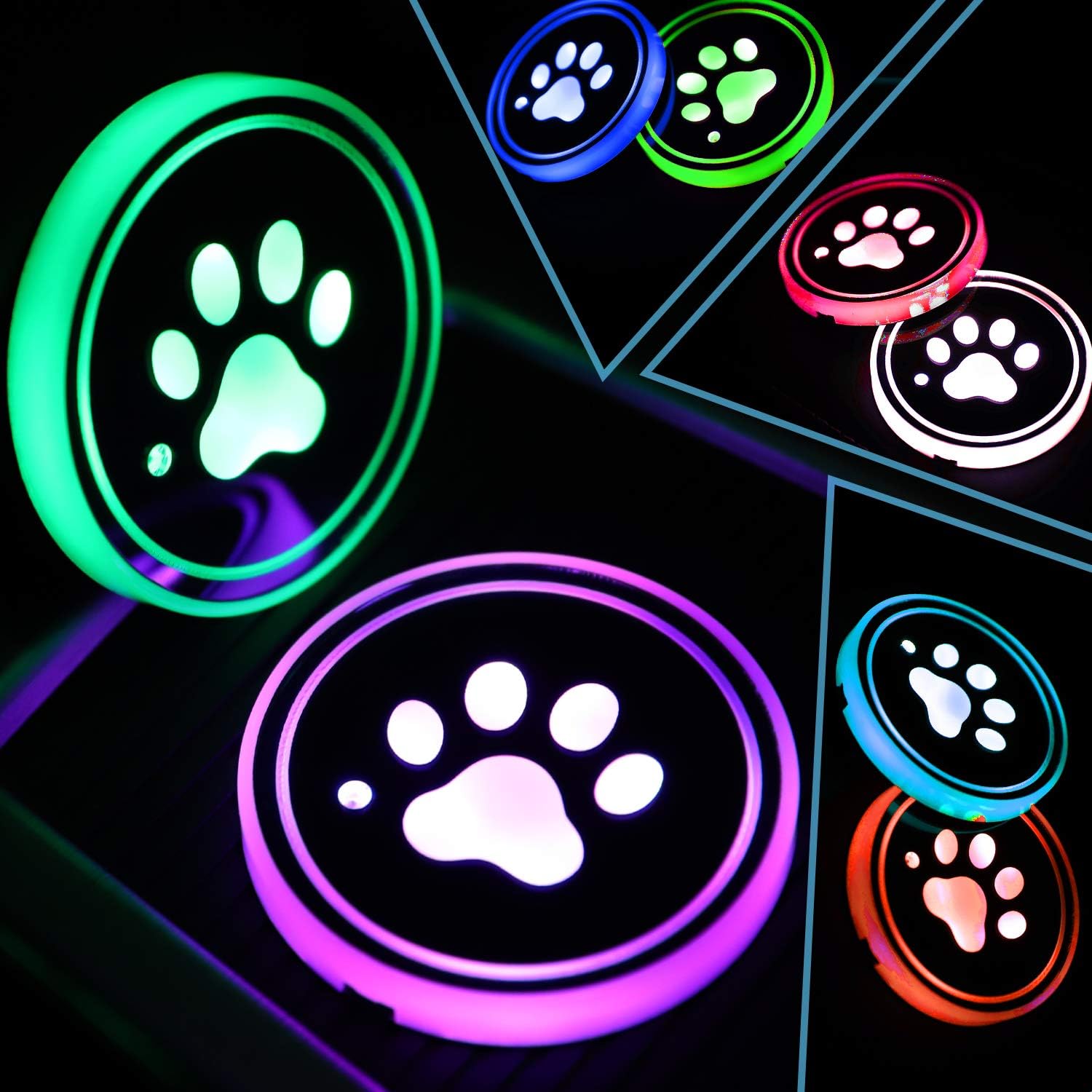 ACODABLEM 2 Pack LED Cup Holder Lights, Dog Paw Car Coaster with 7 Colors Changing USB Charging Mat, Luminescent Cup Pad Interior Atmosphere Lamp Decoration Light (Multi)