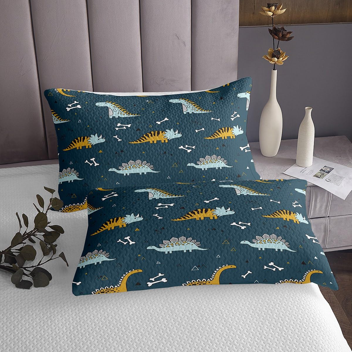 Cartoon Dinosaurier Tagesdecke M Größe Kinder Jungen Nette Knochen und quadratische Muster Bettwäsche Set Wilde Tiere Tröster Coverlet Teens Kinderzimmer Dekor Dunkelblau Tröster Set,2 Kissenbezug